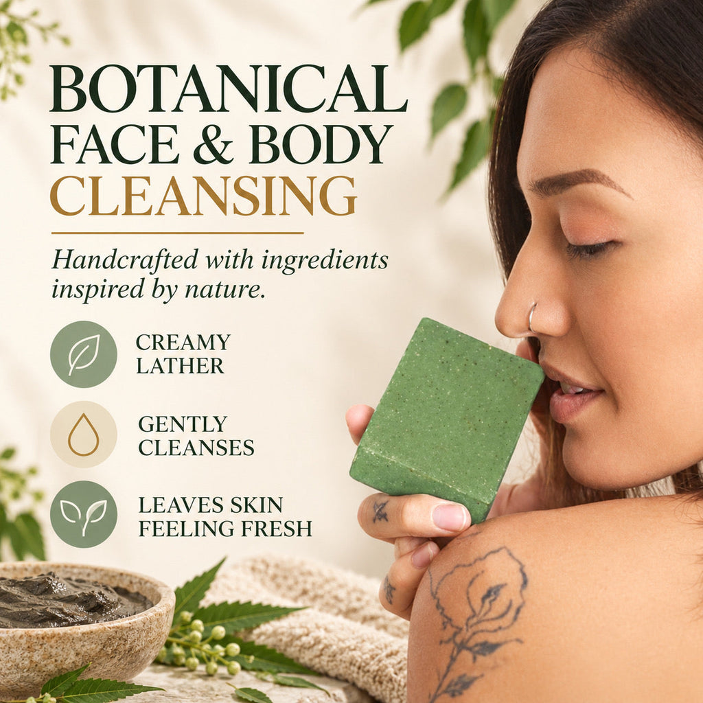 A woman holds a rectangular green botanical face and body cleansing bar over her shoulder in a softly lit, natural setting. Text on the left reads 'Botanical Face & Body Cleansing' with descriptors including creamy lather, gently cleanses, and leaves skin feeling fresh.