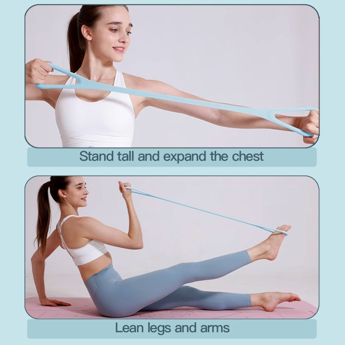 Woman demonstrating chest expansion and leg/arms toning exercises with resistance bands.