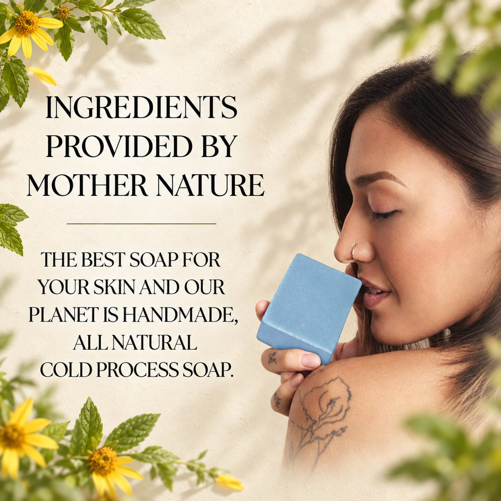 A woman holds a rectangular bar of light blue soap near her nose in a natural outdoor setting with text reading 'INGREDIENTS PROVIDED BY MOTHER NATURE' and 'THE BEST SOAP FOR YOUR SKIN AND OUR PLANET IS HANDMADE, ALL NATURAL COLD PROCESS SOAP.'.