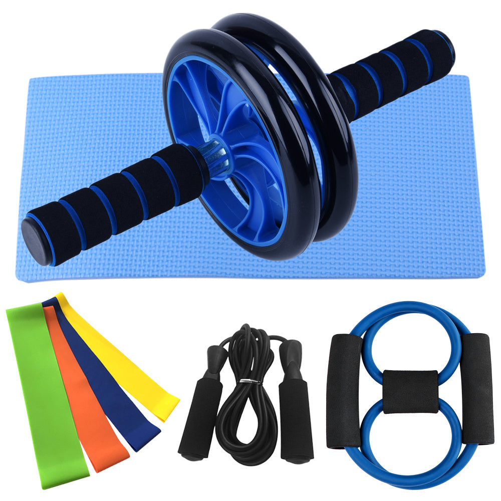 Ab roller, exercise mat, resistance bands, jump rope, and rings on a white background
