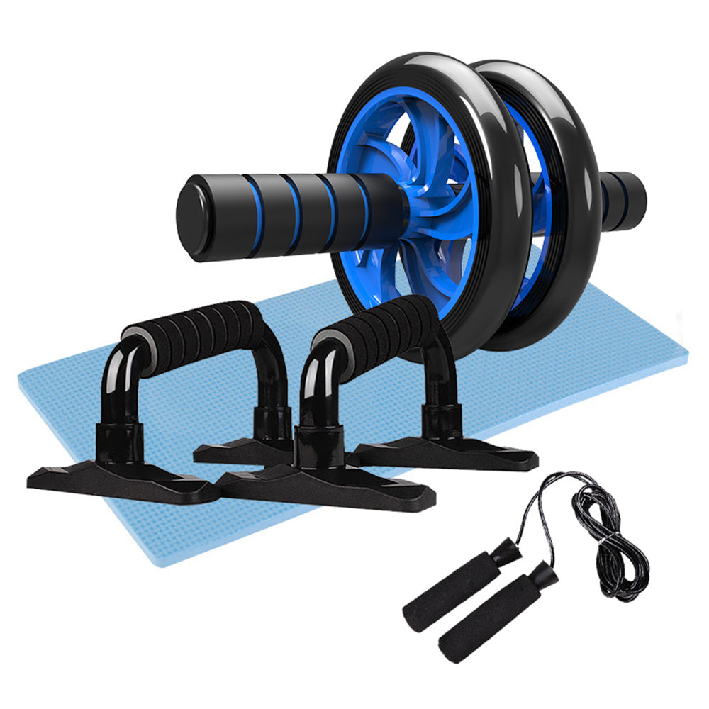 Ab roller wheel, push-up stand, and jump rope on a white background