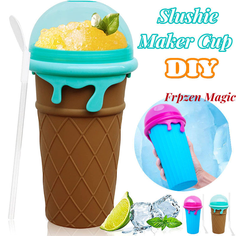 Ice cream cone-shaped reusable slushy maker cup filled with frozen lemon slush, featuring a built-in freezer cup, matching spoon, DIY smoothie design, lime slice, and mint garnish on a white background.