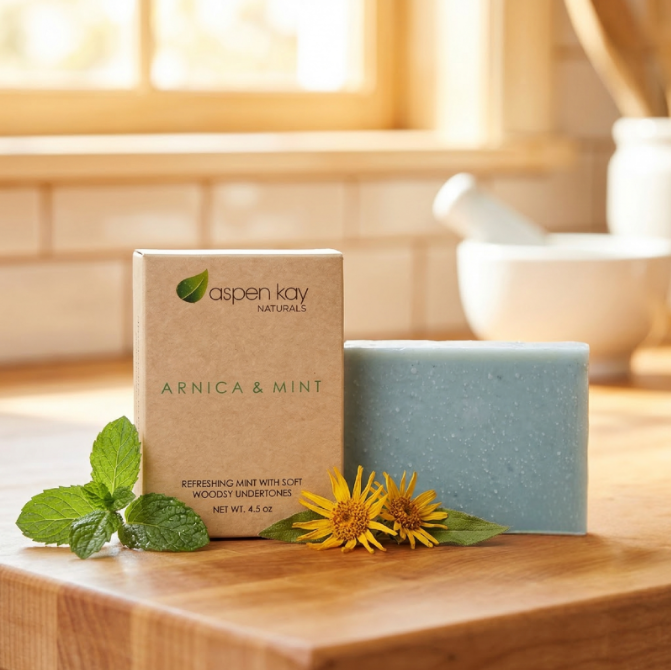 Aspen Kay Naturals Arnica & Mint soap bar in a light blue speckled finish, displayed next to its kraft paper packaging box on a wooden surface with mint leaves and yellow flowers.