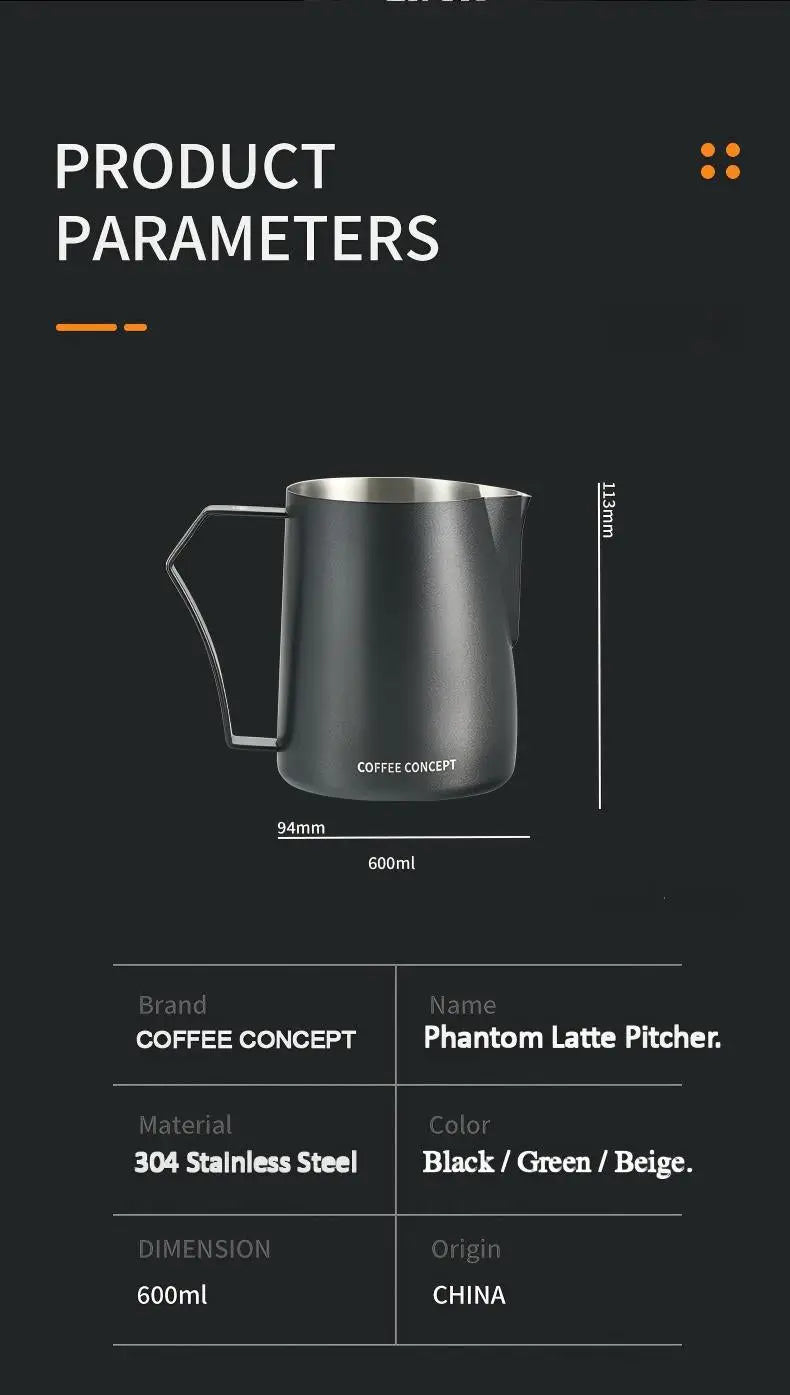 Phantom Precision Latte Art Pitcher – 600ml Narrow Spout for Advanced Patterns