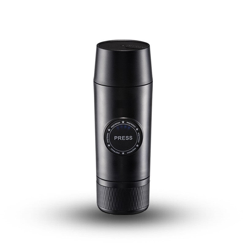 Portable mini rechargeable espresso maker in matte black with press button, compact handheld coffee machine for travel, home, office, camping and on-the-go espresso brewing.