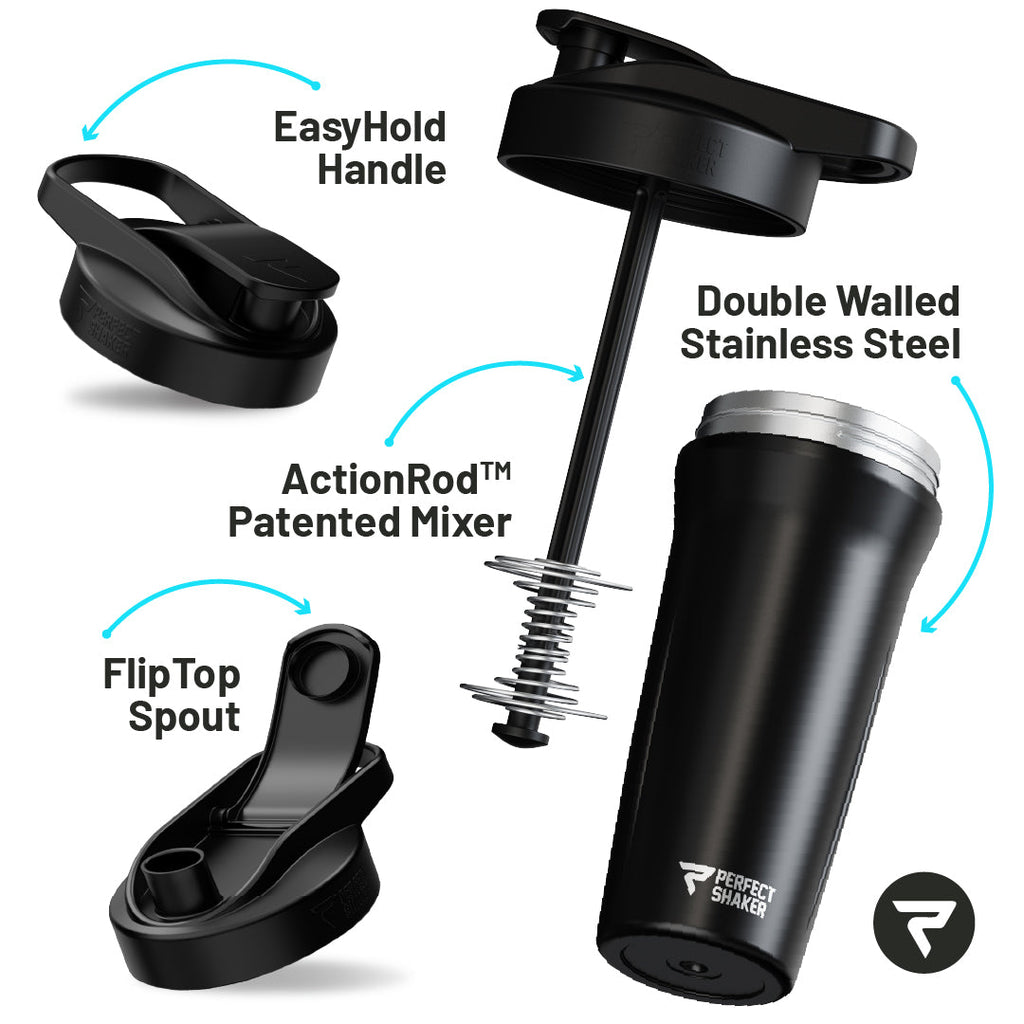Black shaker bottle with labeled features on a white background