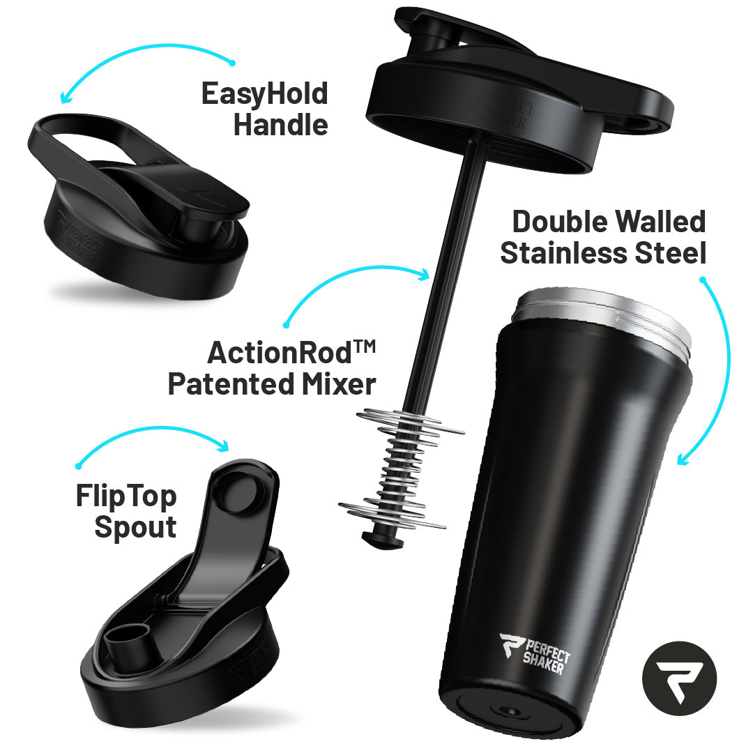 Black shaker bottle with labeled features on a white background