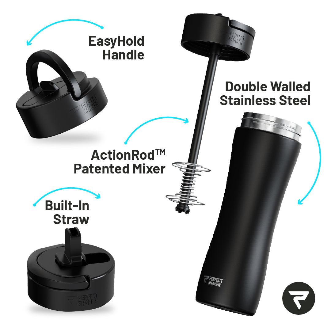 Black insulated travel tumbler with integrated straw and built-in stainless steel mixing arm, shown with labeled callouts and arrows on a white background.