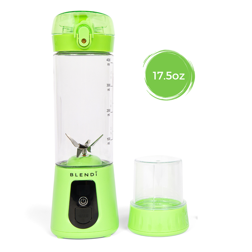 Pro+ 17oz green portable ice-crushing blender with travel cup, stainless steel blades and measurement markings for smoothies and shakes.