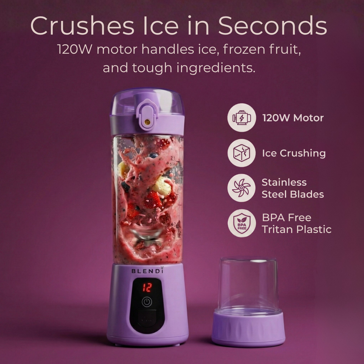 Purple Pro+ 17oz portable ice-crushing blender with 120W motor, stainless steel blades, BPA-free Tritan cup, frozen fruit and ice crushing for smoothies, shakes, juices and on-the-go blending