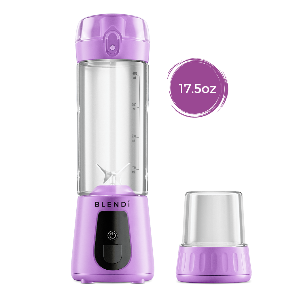 Purple Pro+ 17oz portable ice-crushing blender with clear travel cup, powerful blades and lid for smoothies, shakes, juices and frozen drinks.