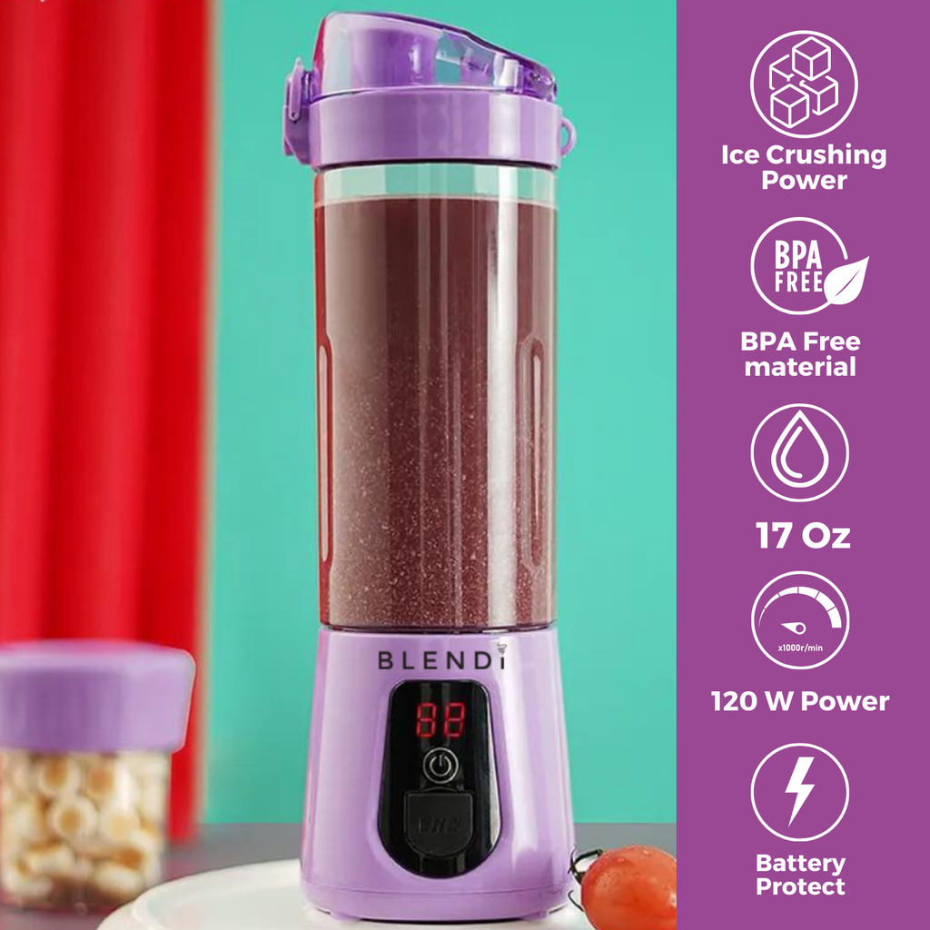 Pro+ 17oz purple portable ice-crushing blender with 120W power, BPA-free material and battery protection for smoothies, shakes and frozen drinks.
