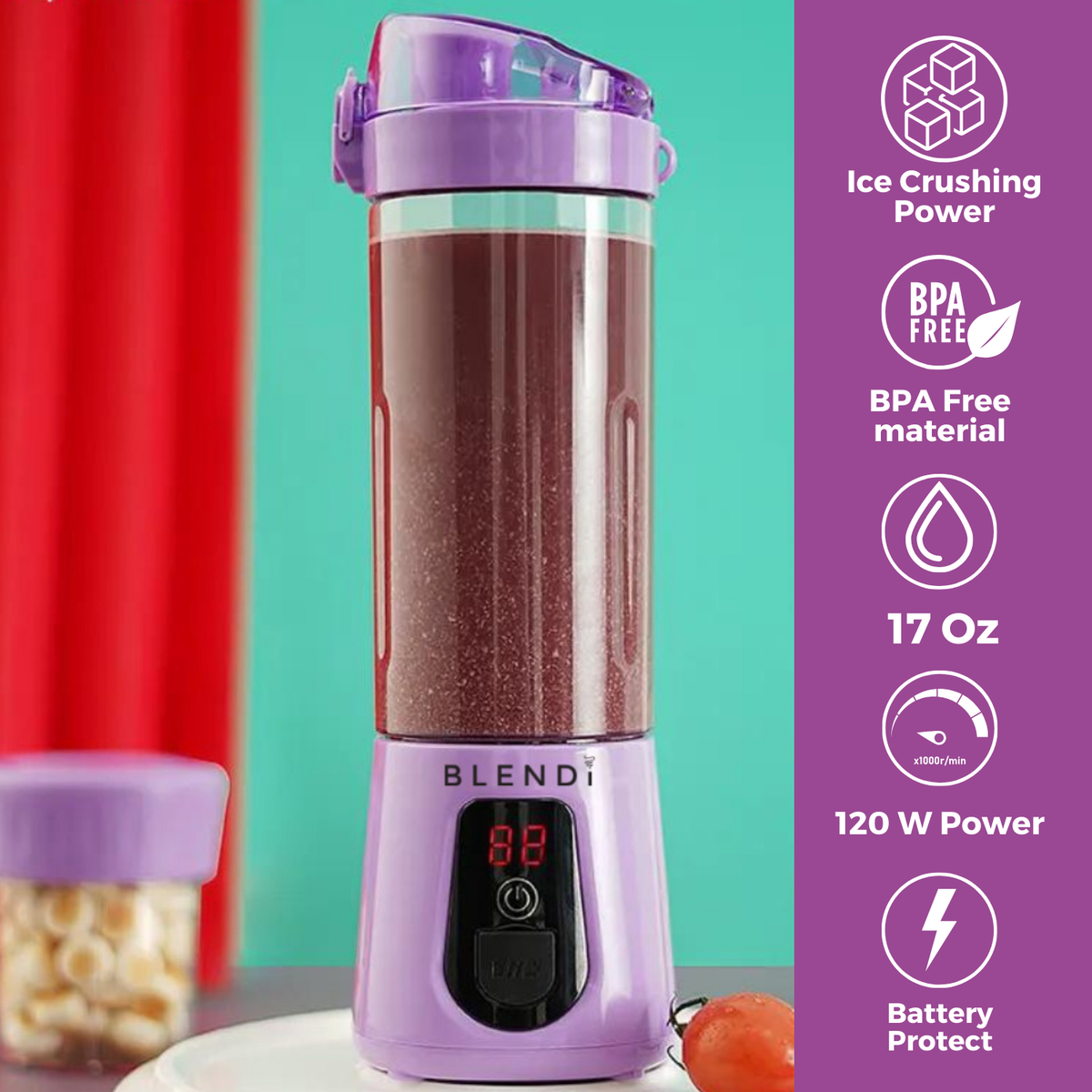 Pro+ 17oz purple portable ice-crushing blender with 120W power, BPA-free material and battery protection for smoothies, shakes and frozen drinks.