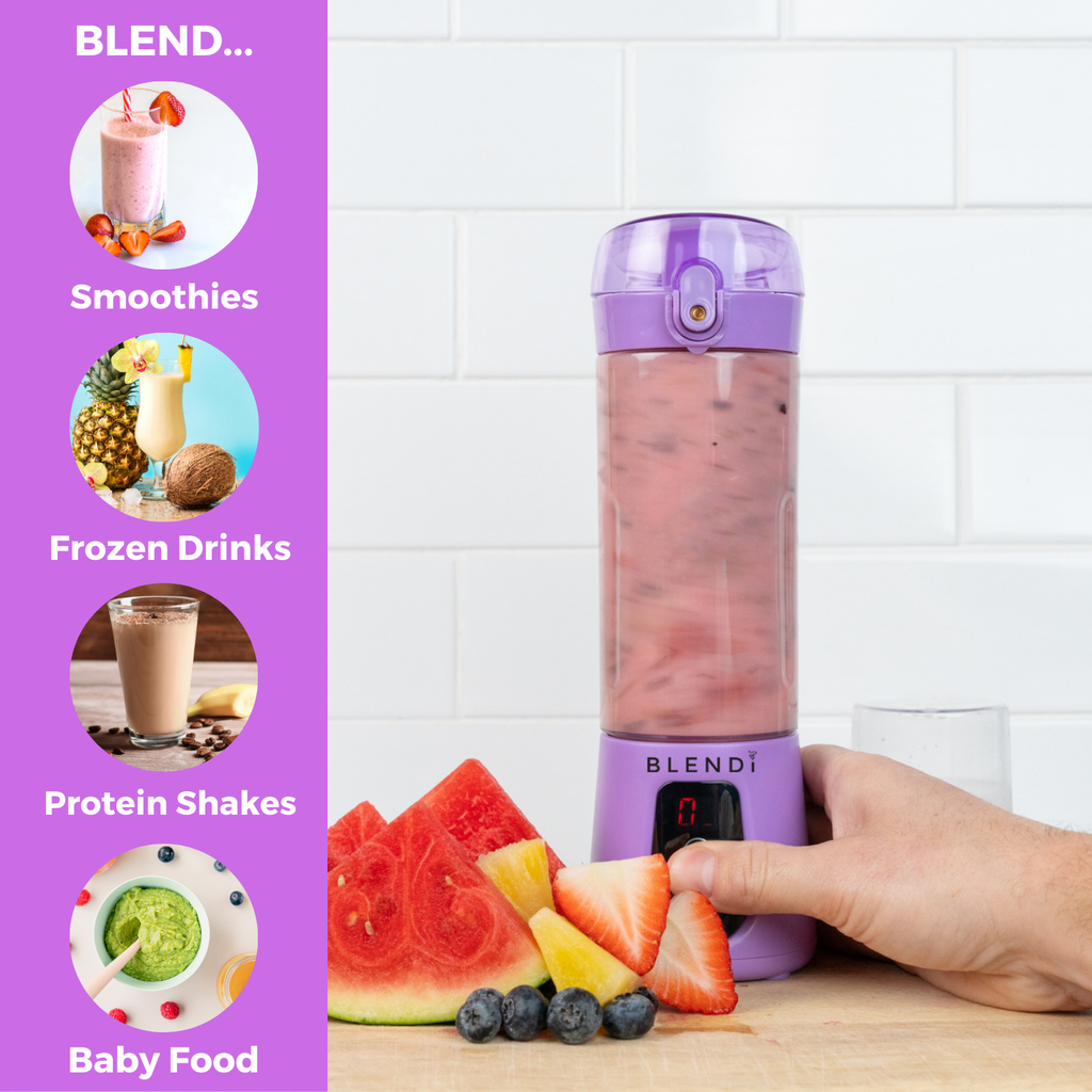 Pro+ 17oz portable ice-crushing blender for smoothies, frozen drinks, protein shakes and baby food with fresh fruit, powerful blending and travel cup.