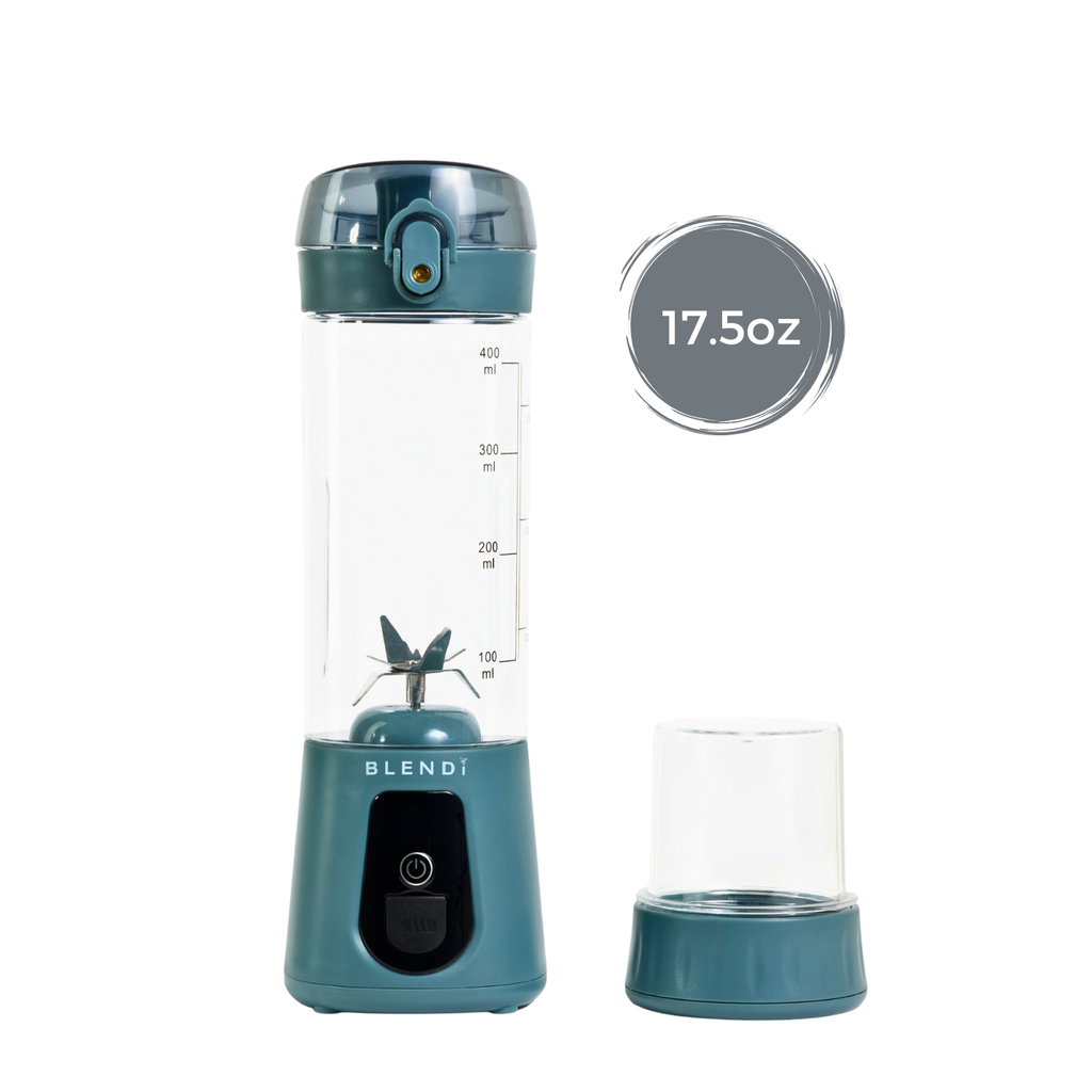 Pro+ 17oz portable ice-crushing blender in blue with clear travel cup, measurement markings, powerful blades and portable lid for smoothies and shakes.