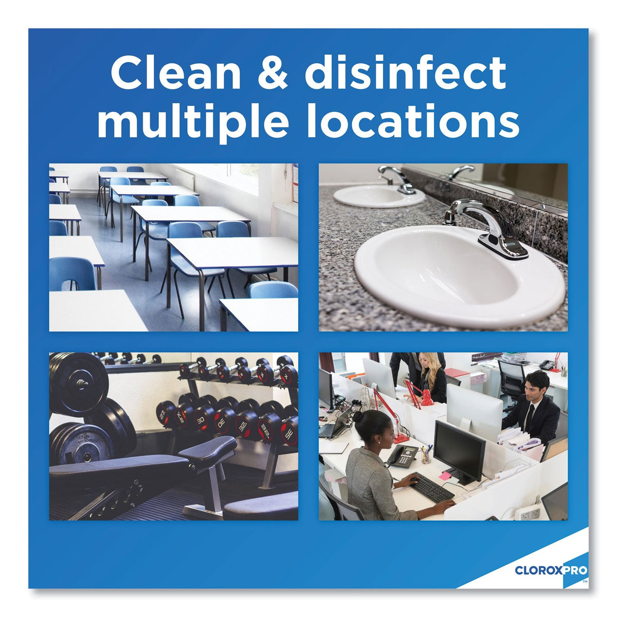 Promotional graphic for Clorox Pro cleaning and disinfecting services with images of a classroom, sink, gym, and office.