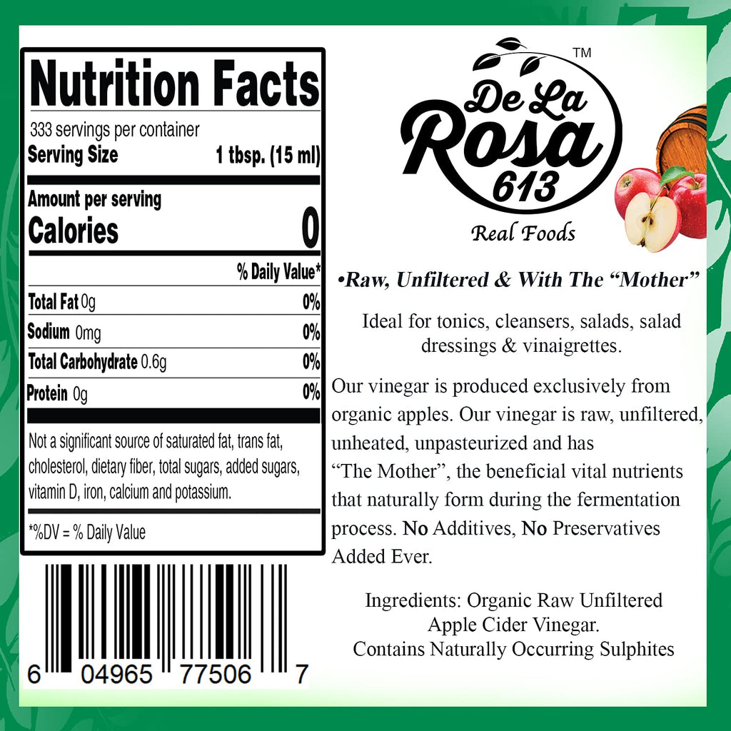 De La Rosa Organic Raw Apple Cider Vinegar with the Mother – 5 Liter