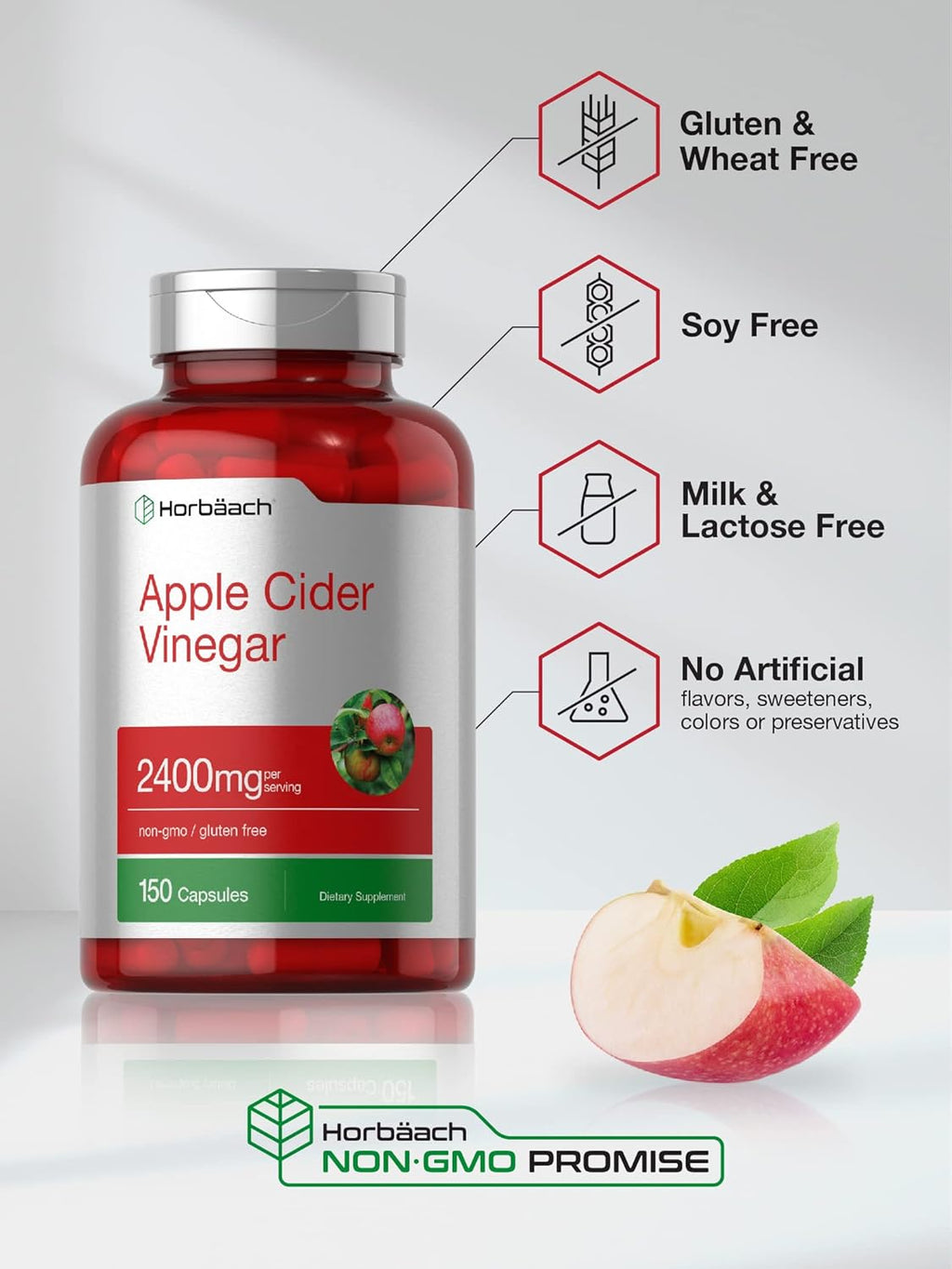 Horbäach Apple Cider Vinegar Capsules – 2,400 mg, 150 Count