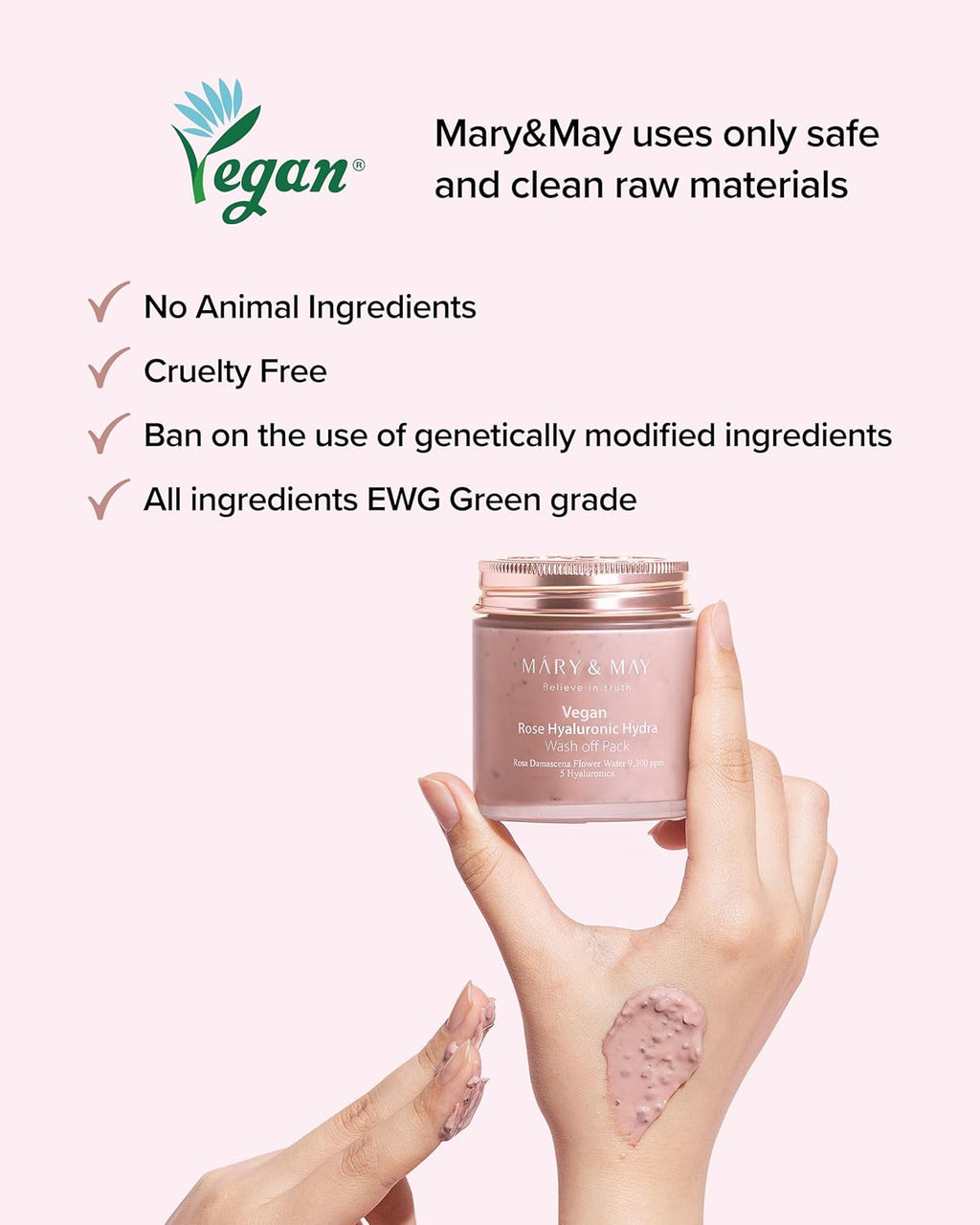 Mary & May Vegan Rose Hyaluronic Hydra Wash Off Mask promotional image highlighting vegan, cruelty-free skincare with EWG Green Grade ingredients, featuring a hand holding a pink hydrating mask jar with product swatches on a soft blush background.