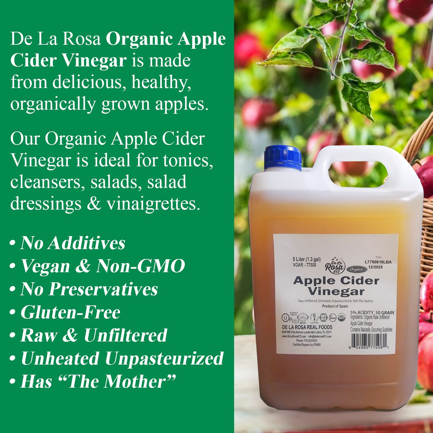 De La Rosa Organic Raw Apple Cider Vinegar with the Mother – 5 Liter