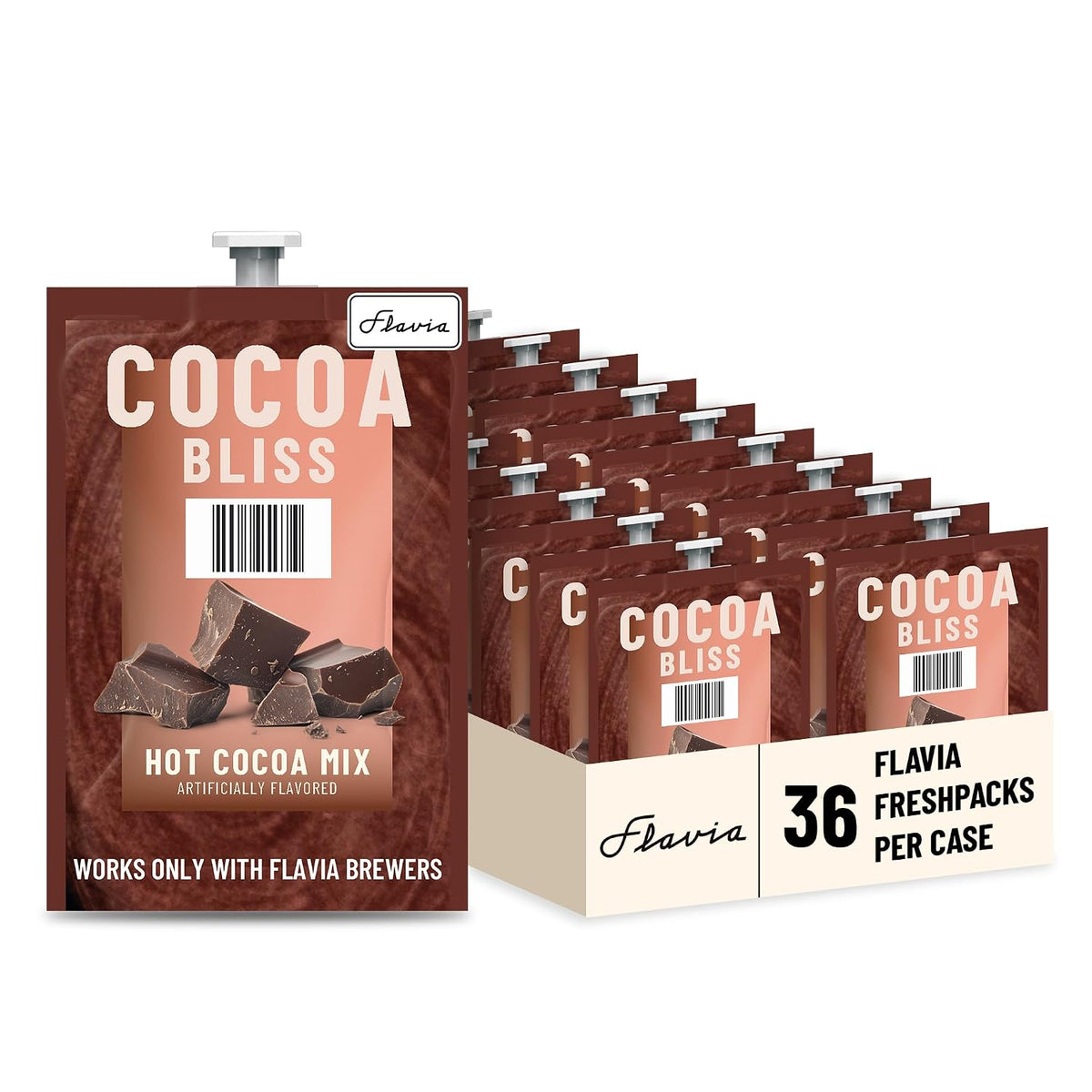 Flavia Cocoa Bliss hot cocoa mix freshpacks display box showing multiple individual pouches arranged in rows next to the main retail box on a white background.
