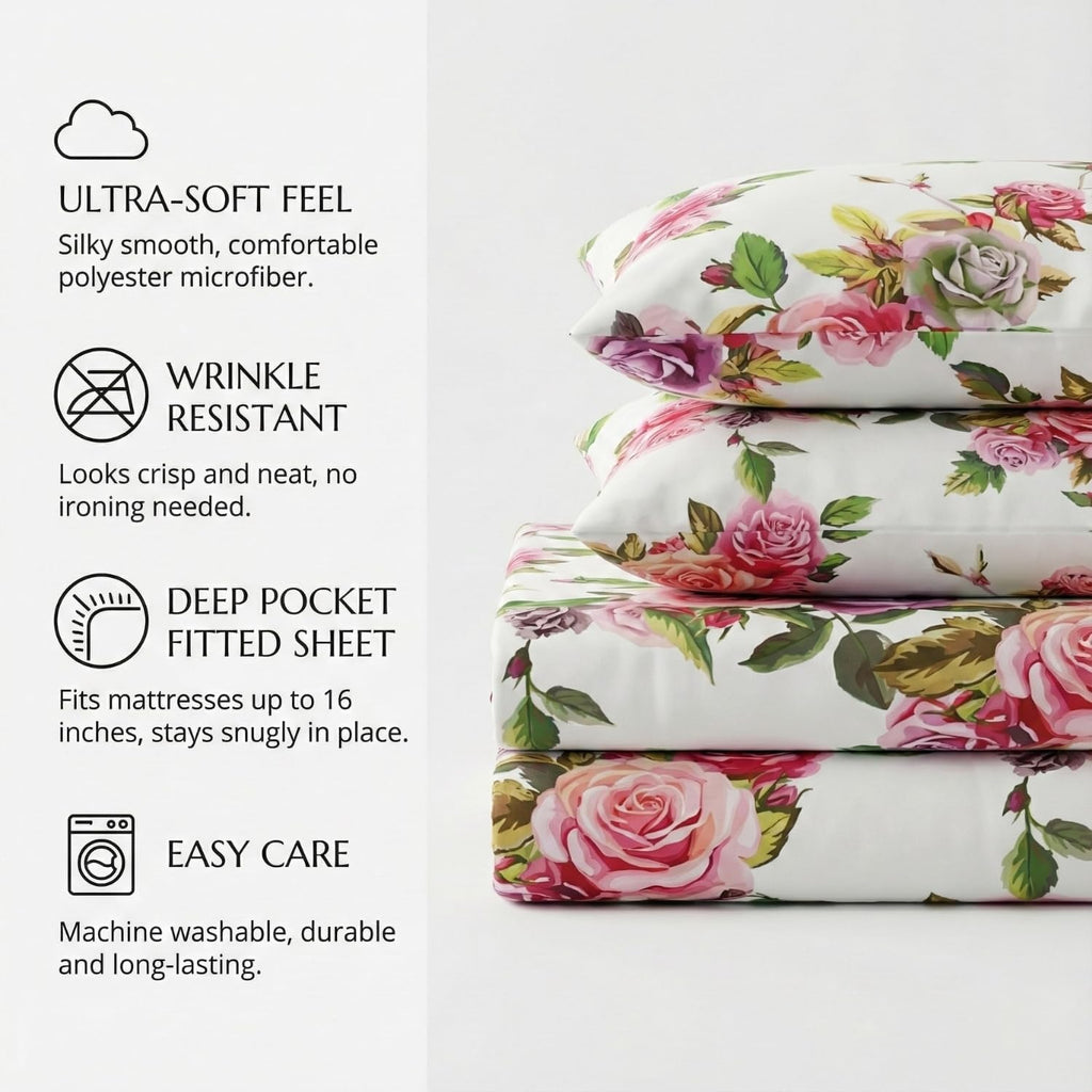 DaDa Bedding Pink Romantic Roses Floral Sheet Set