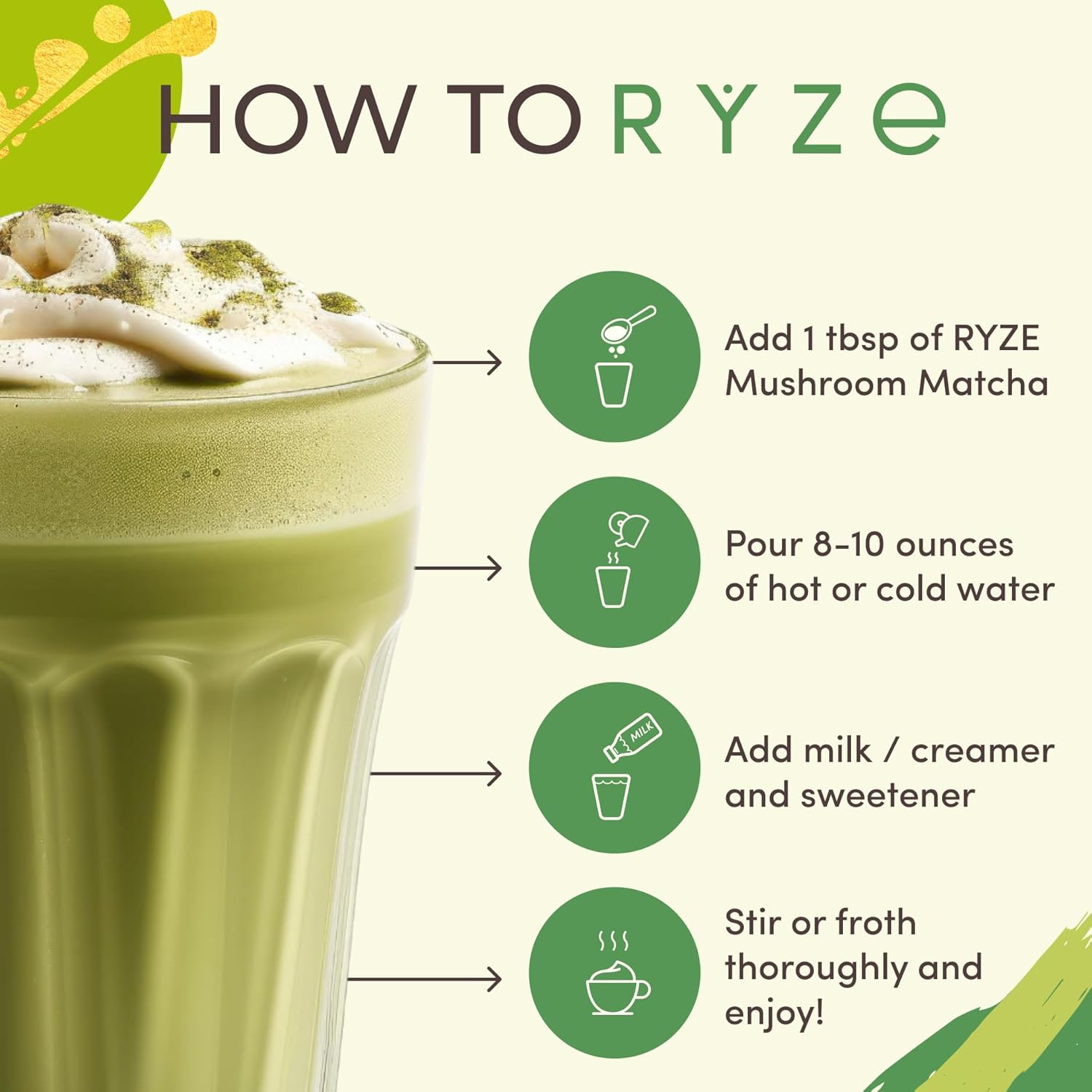 RYZE Superfoods Mushroom Matcha Starter Kit with USDA Organic ceremonial-grade matcha, six adaptogenic mushrooms, and wooden spoon for energy, focus, and immune support.