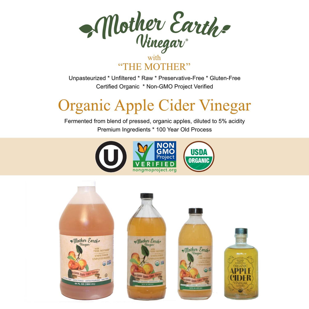 Mother Earth Organic Apple Cider Vinegar With The Mother – 14 oz Glass Apothecary Bottle