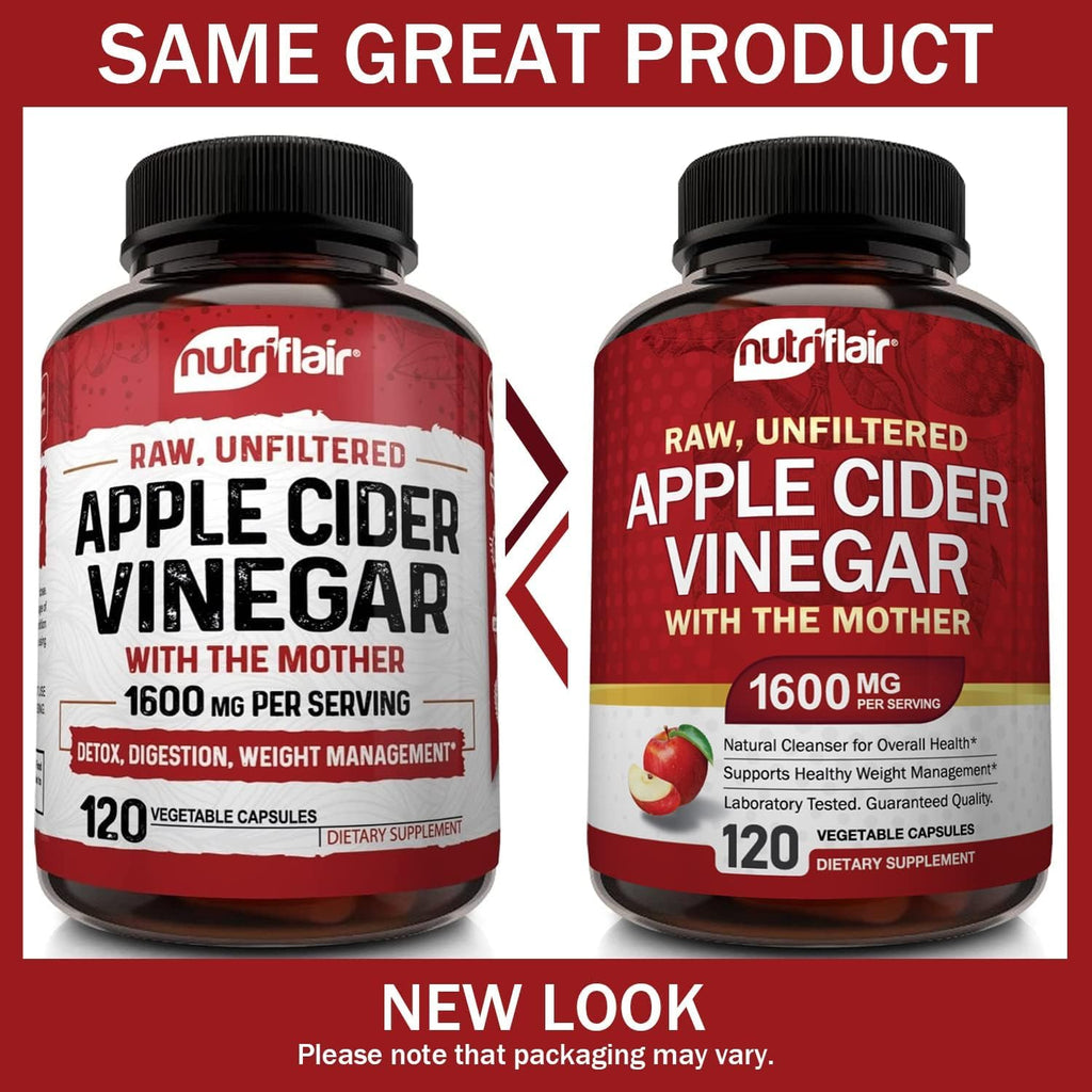 NutriFlair Apple Cider Vinegar Capsules with the Mother – 1,600 mg, 120 Vegan Capsules