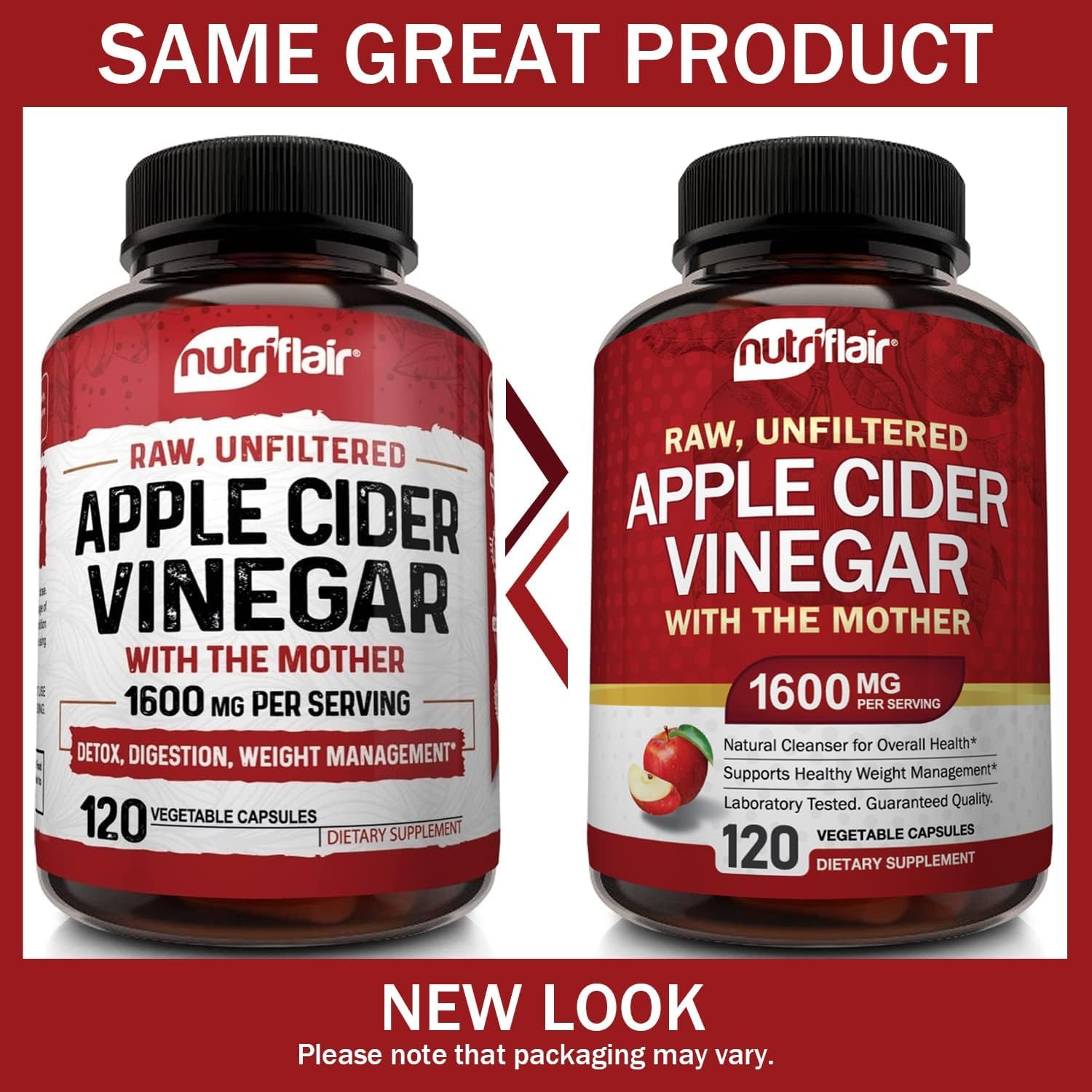 NutriFlair Apple Cider Vinegar Capsules with the Mother – 1,600 mg, 120 Vegan Capsules