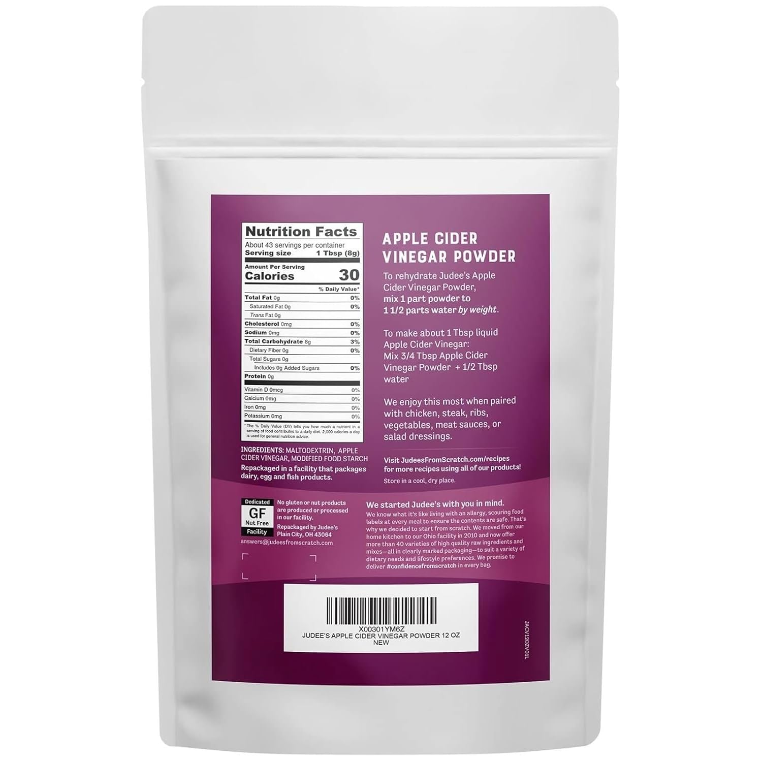 Judee's Apple Cider Vinegar Powder 12 oz - Gluten-Free and Nut-Free - Keto-Friendly and Great for Baking and Cooking - Add to Marinades, Glazes, Dry Rubs, and More