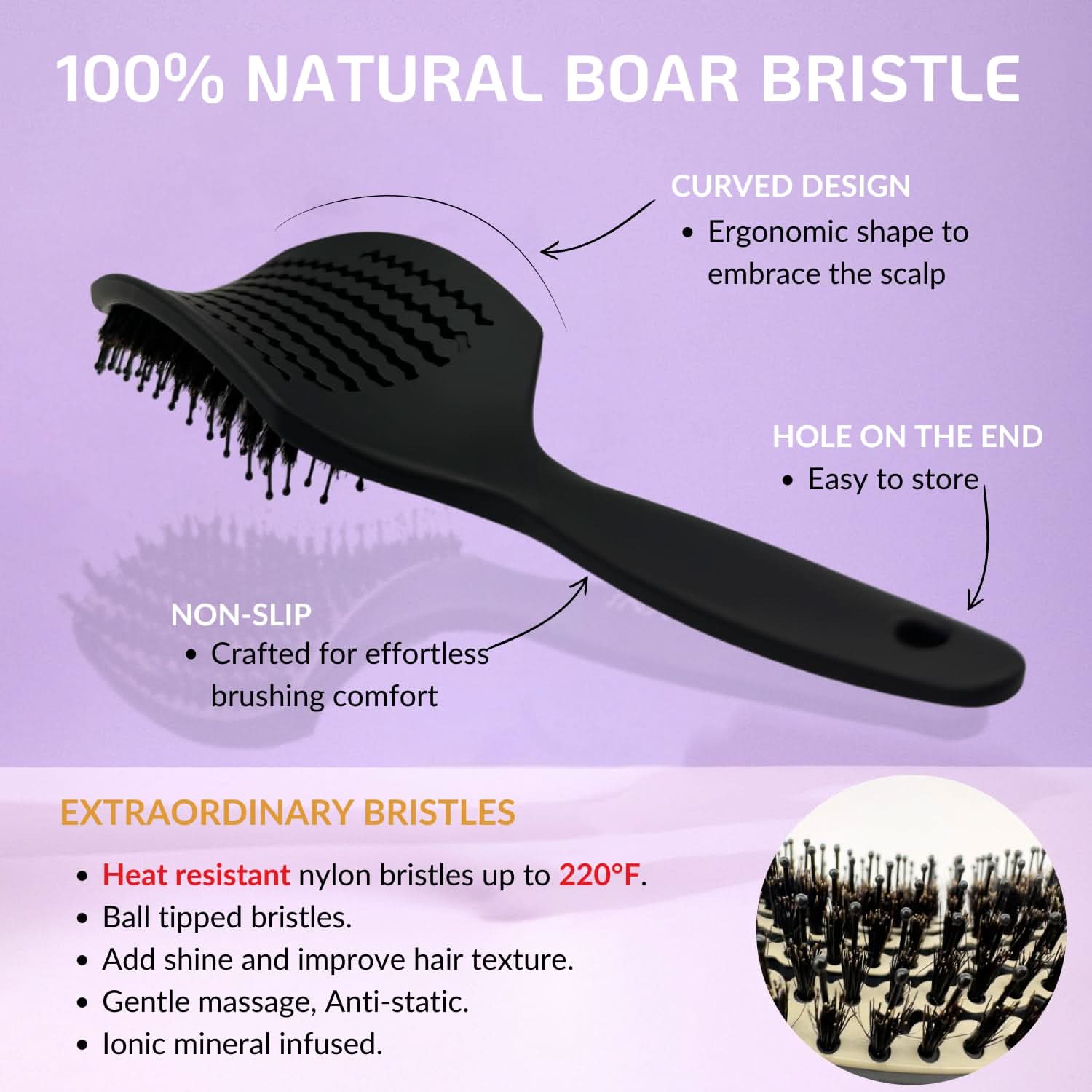 INATEKPRO Curved Vented Boar Bristle Detangler Brush - Black | LARGE