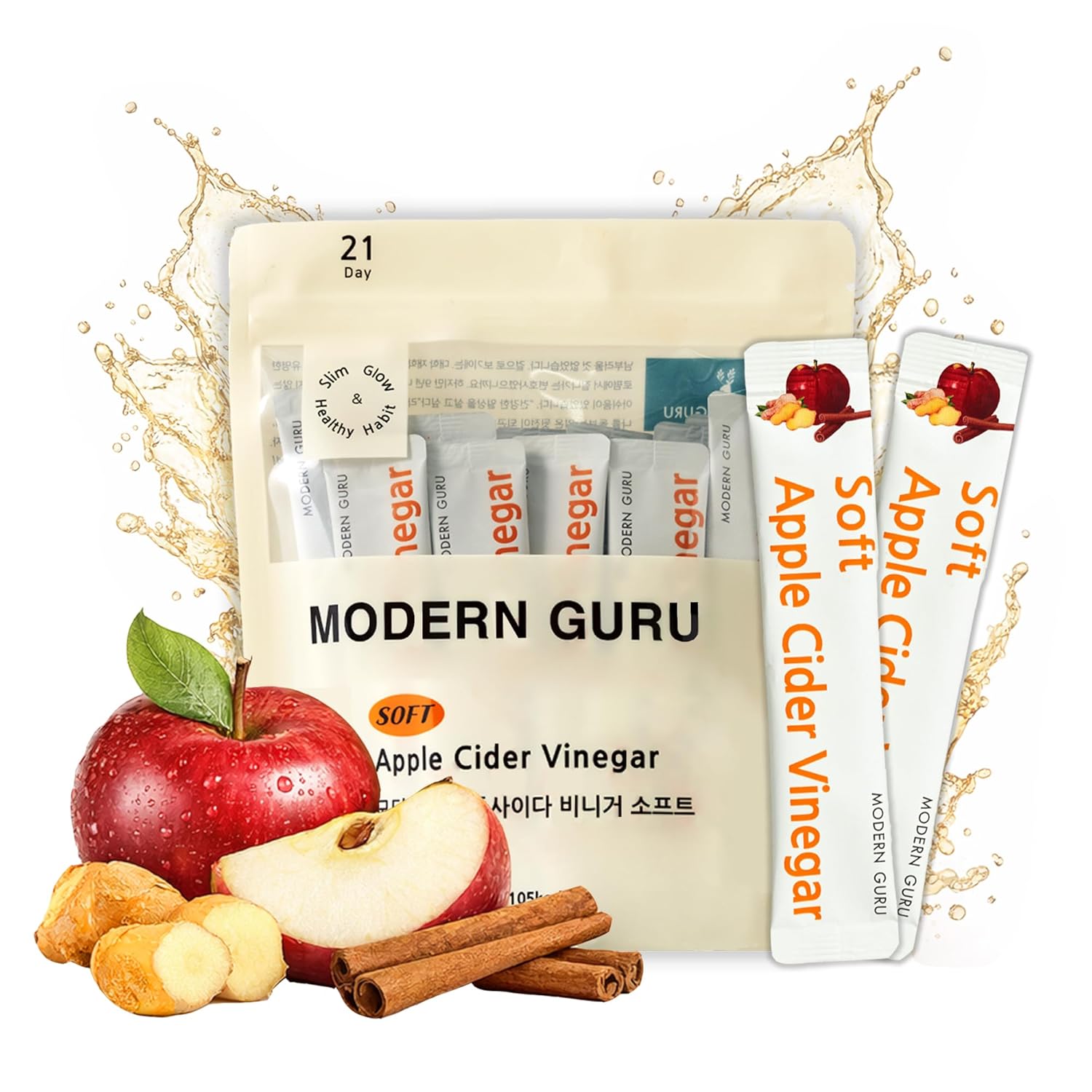 Modern Guru Apple Cider Vinegar Drink Sticks with Ginger & Cinnamon – 21 Count
