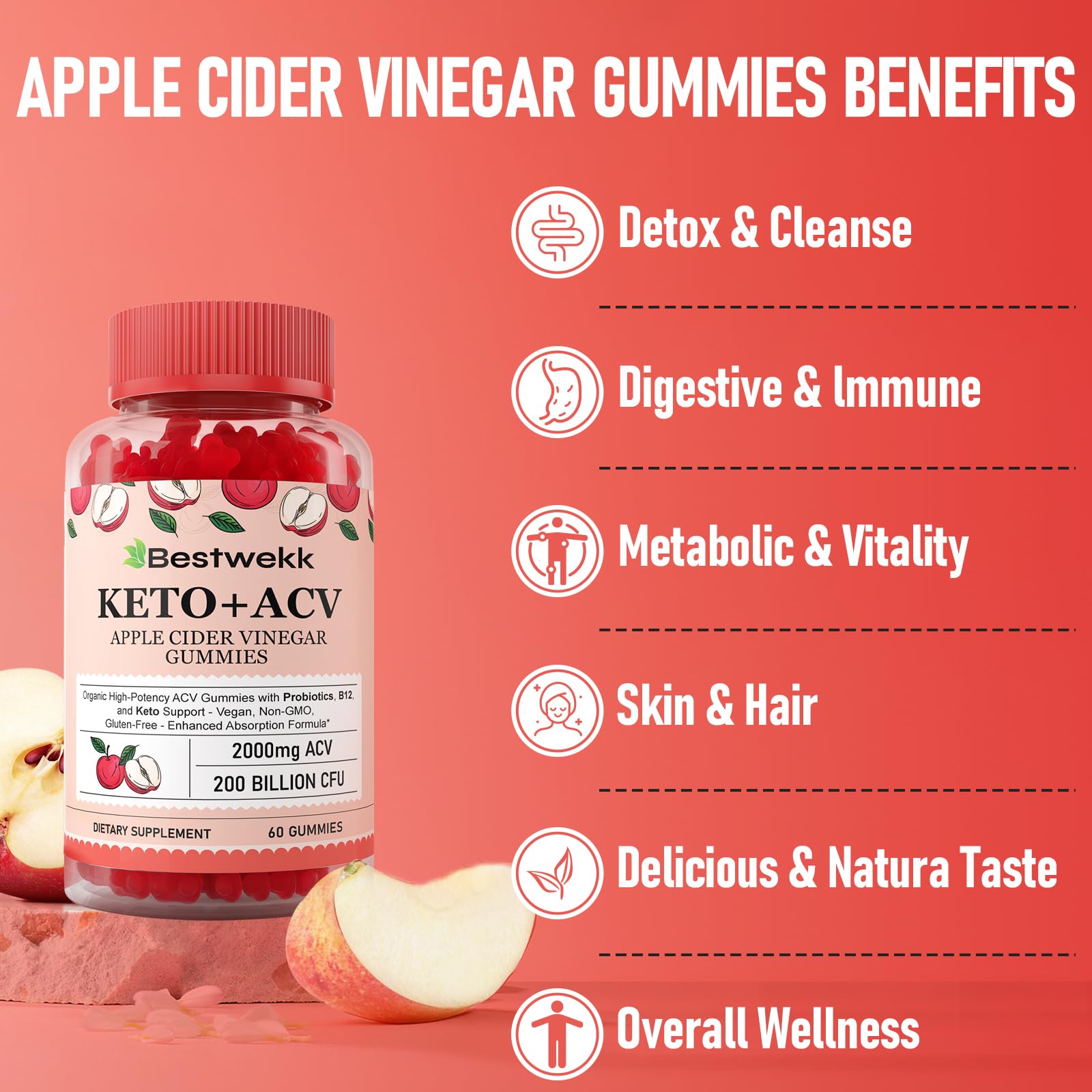 Bestwekk Maximum-Strength Apple Cider Vinegar Gummies with Probiotics & B12 – 2,000 mg, 120 Count