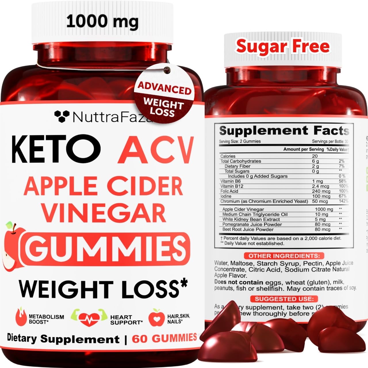 NuttraFlair Keto Apple Cider Vinegar Gummies – Sugar-Free, 1,000 mg, 60 Count