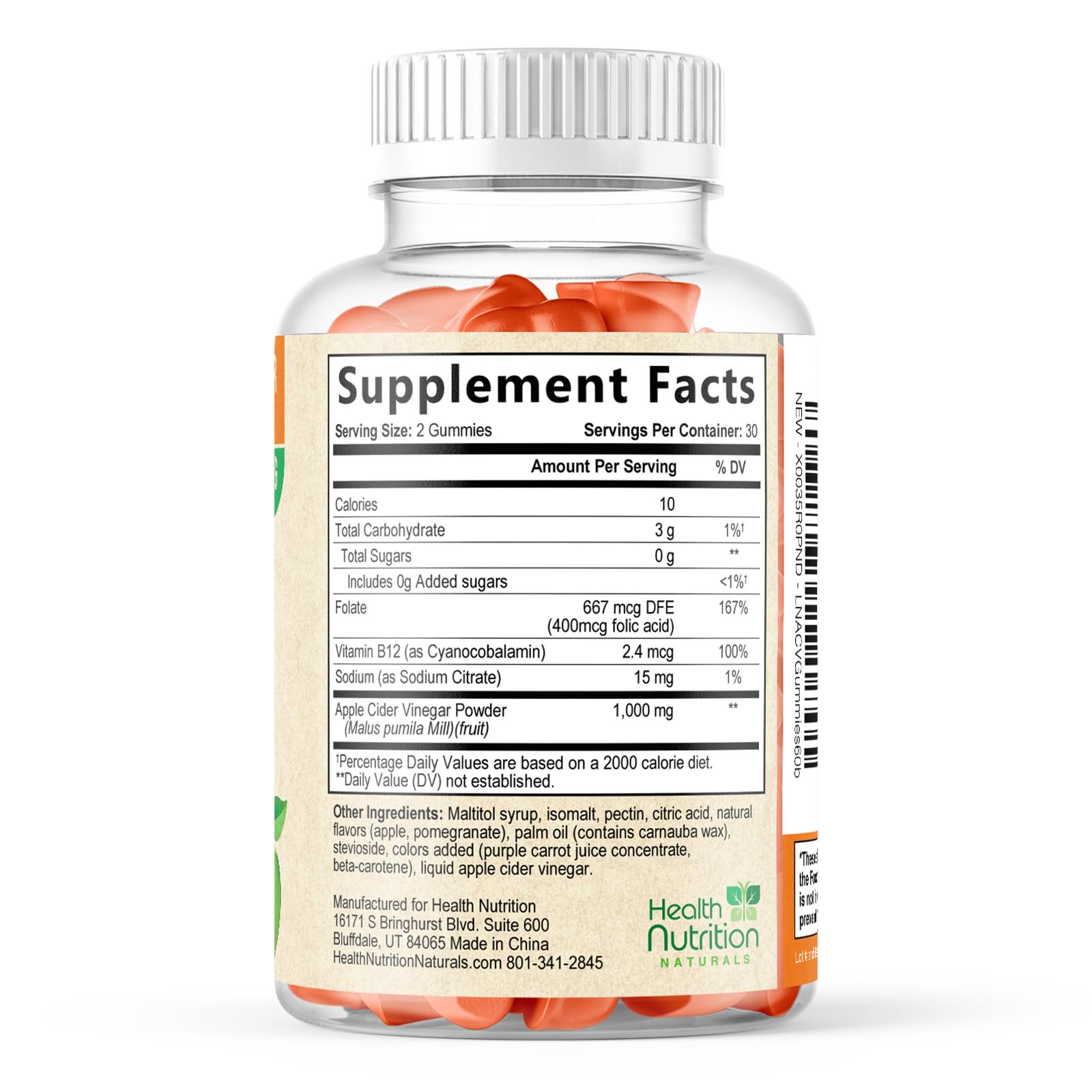 Health Nutrition Zero-Sugar Apple Cider Vinegar Gummies with the Mother & Vitamin B12