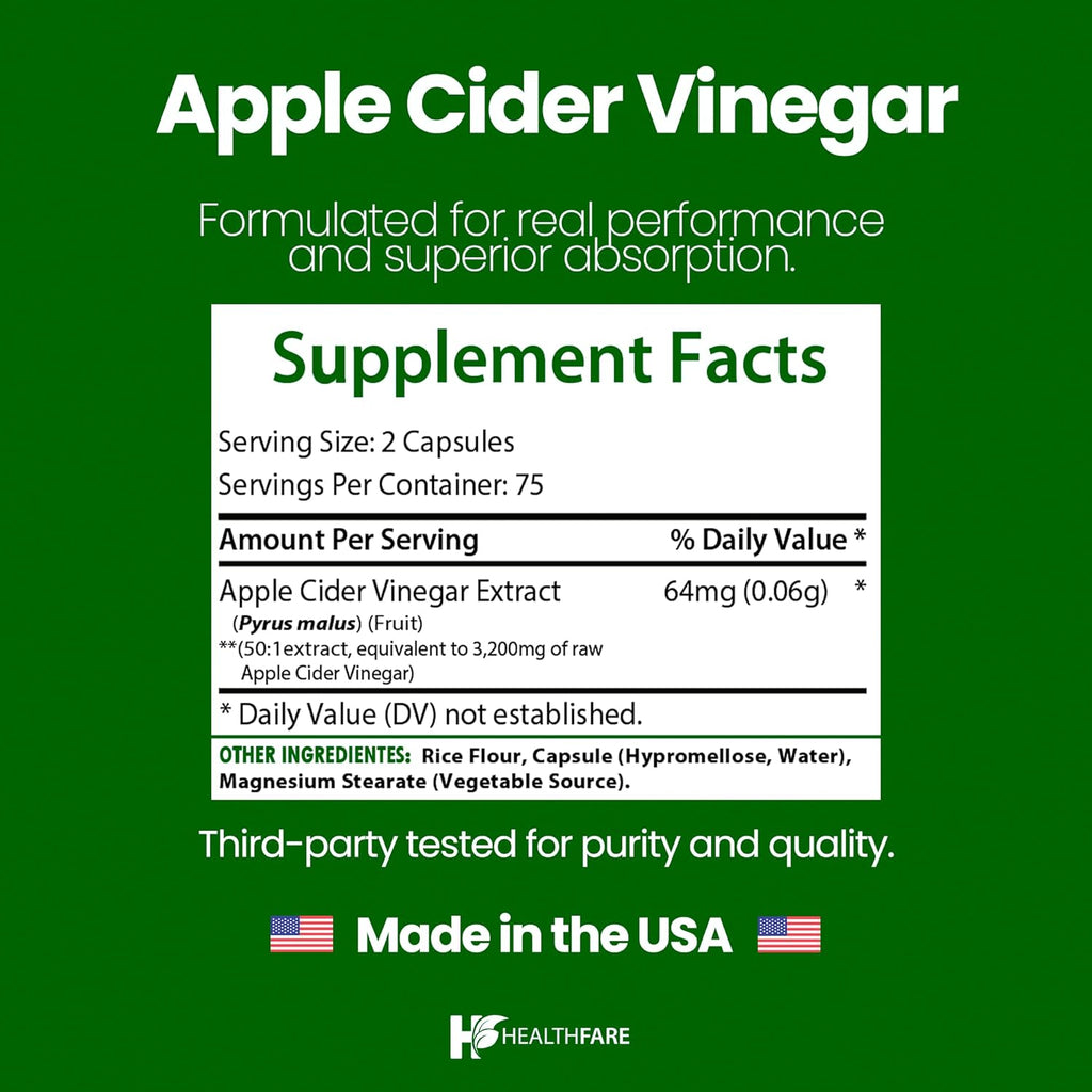 HealthFare Maximum Strength Apple Cider Vinegar Capsules – 3200 mg