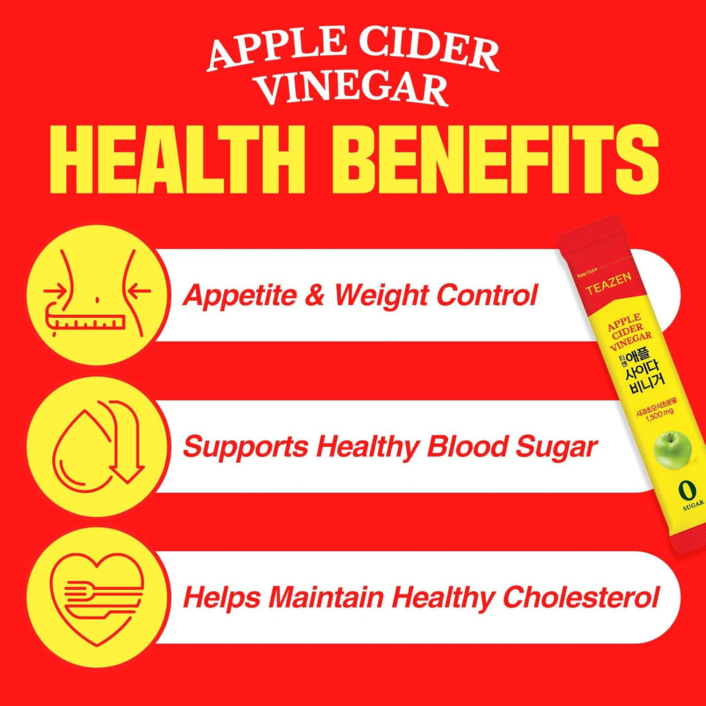TEAZEN Apple Cider Vinegar Drink Powder Stick – On-the-Go Wellness with 1500mg ACV, Sugar-Free, Postbiotics, 10 Sticks | Supports Digestion & Metabolism
