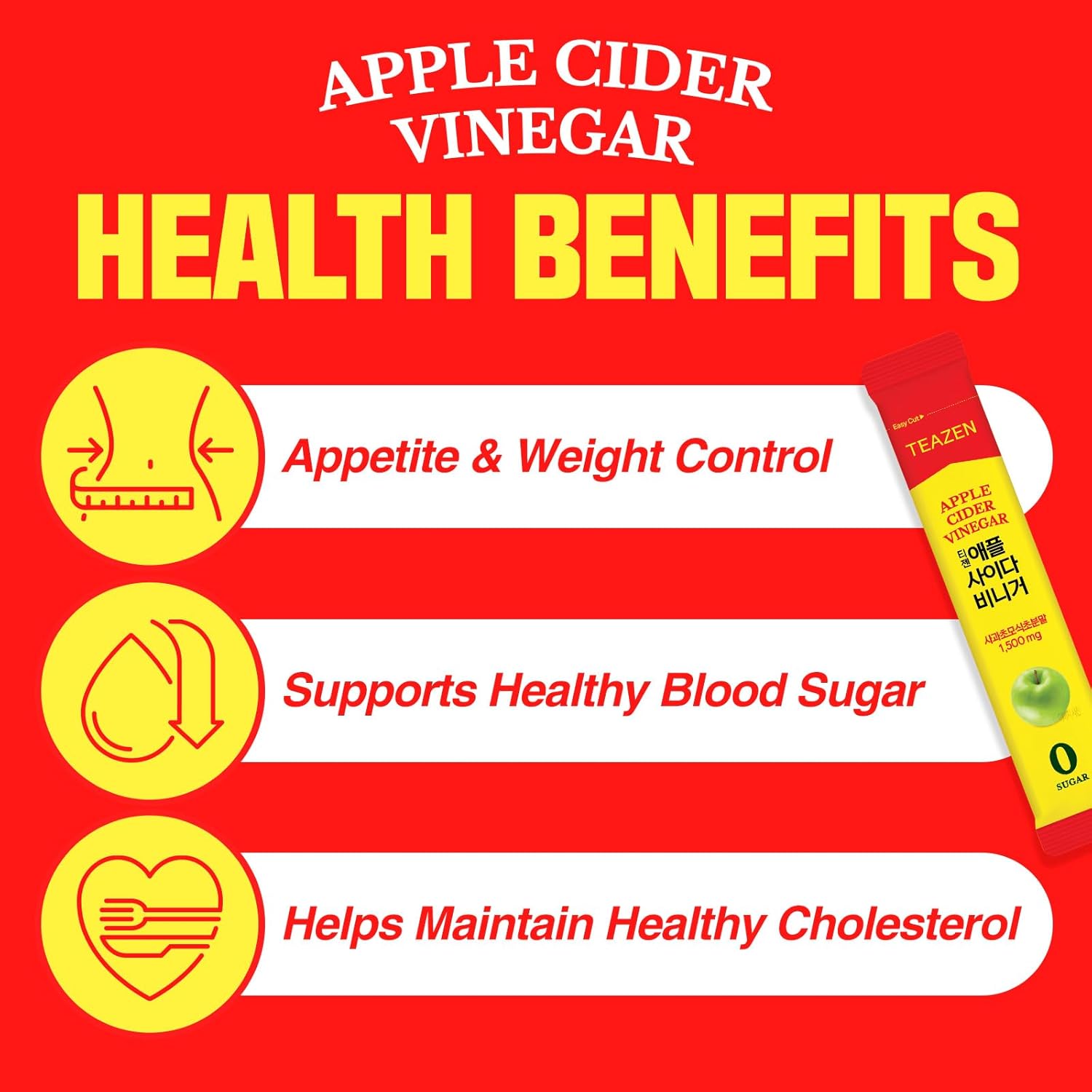 TEAZEN Apple Cider Vinegar Drink Powder Stick – On-the-Go Wellness with 1500mg ACV, Sugar-Free, Postbiotics, 10 Sticks | Supports Digestion & Metabolism