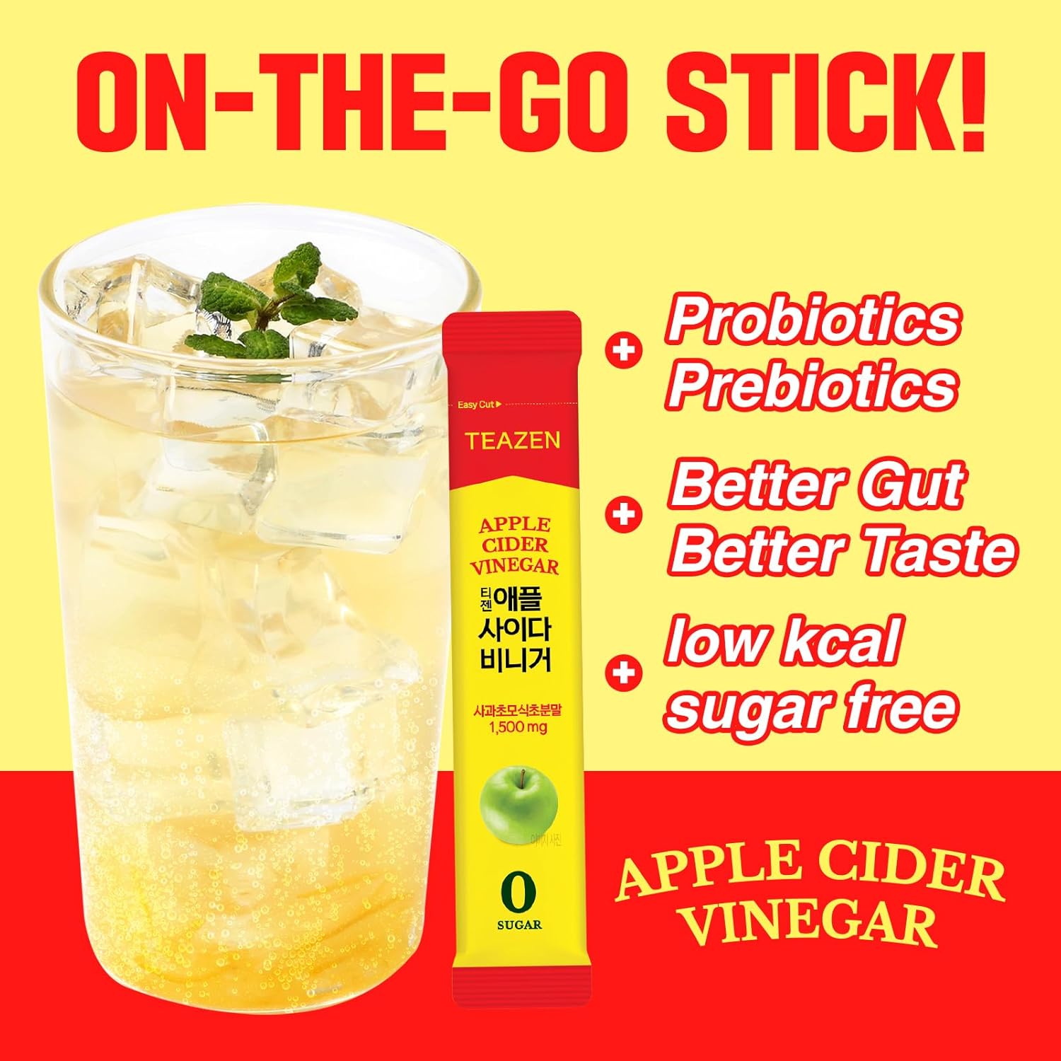 TEAZEN Apple Cider Vinegar Drink Powder Stick – On-the-Go Wellness with 1500mg ACV, Sugar-Free, Postbiotics, 10 Sticks | Supports Digestion & Metabolism