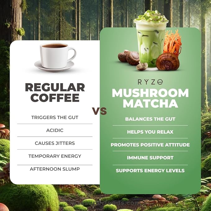 RYZE Superfoods Mushroom Matcha Starter Kit with USDA Organic ceremonial-grade matcha, six adaptogenic mushrooms, and wooden spoon for energy, focus, and immune support.