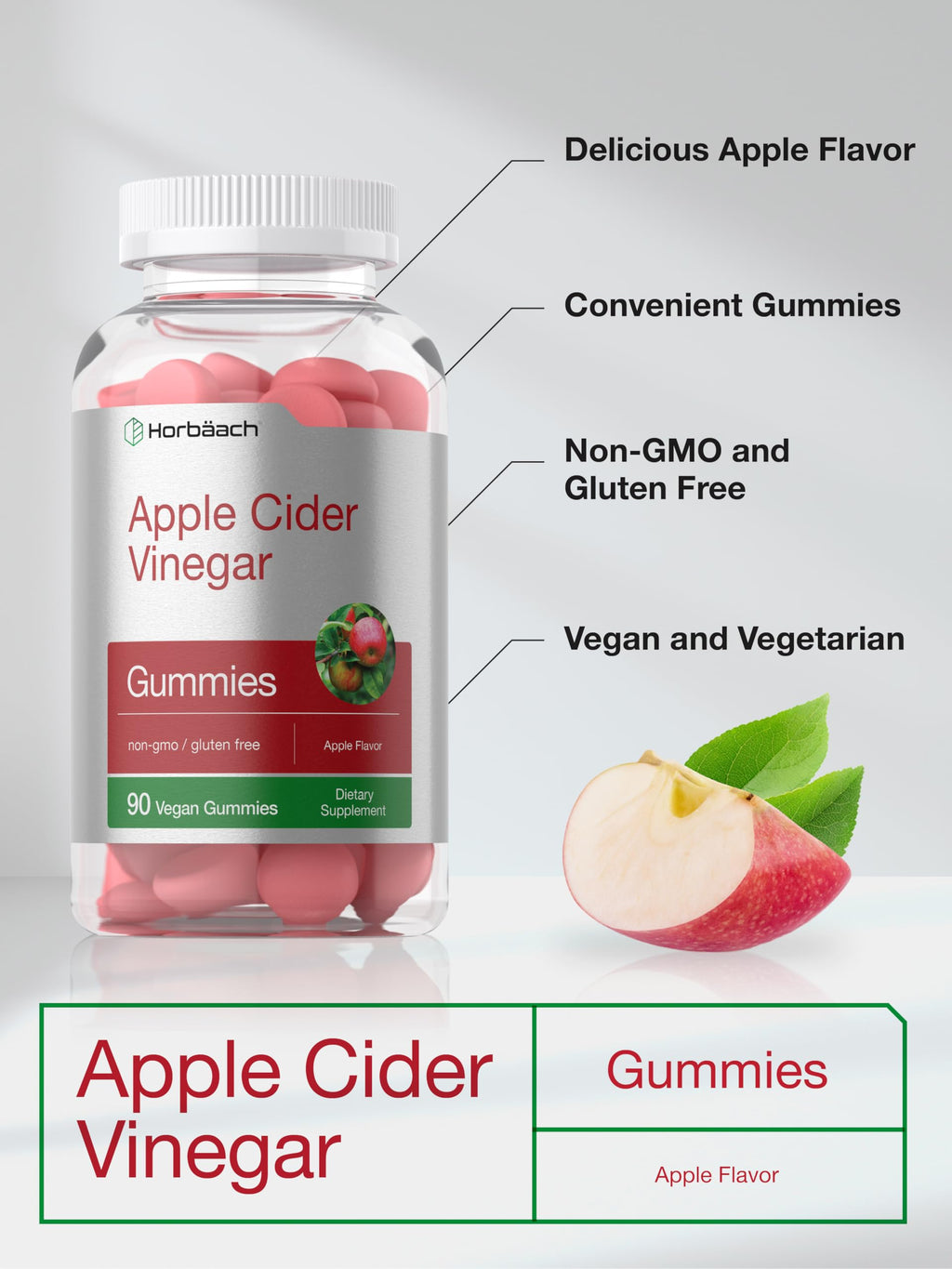 Horbäach Apple Cider Vinegar Gummies – Apple Flavor, 400 mg, 90 Count