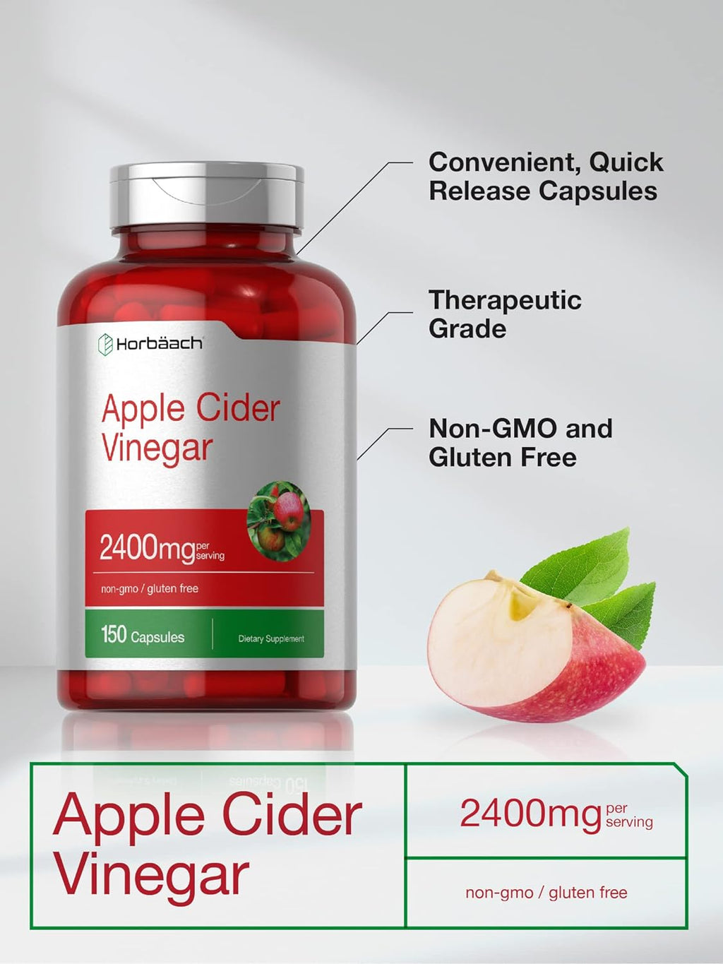 Horbäach Apple Cider Vinegar Capsules – 2,400 mg, 150 Count