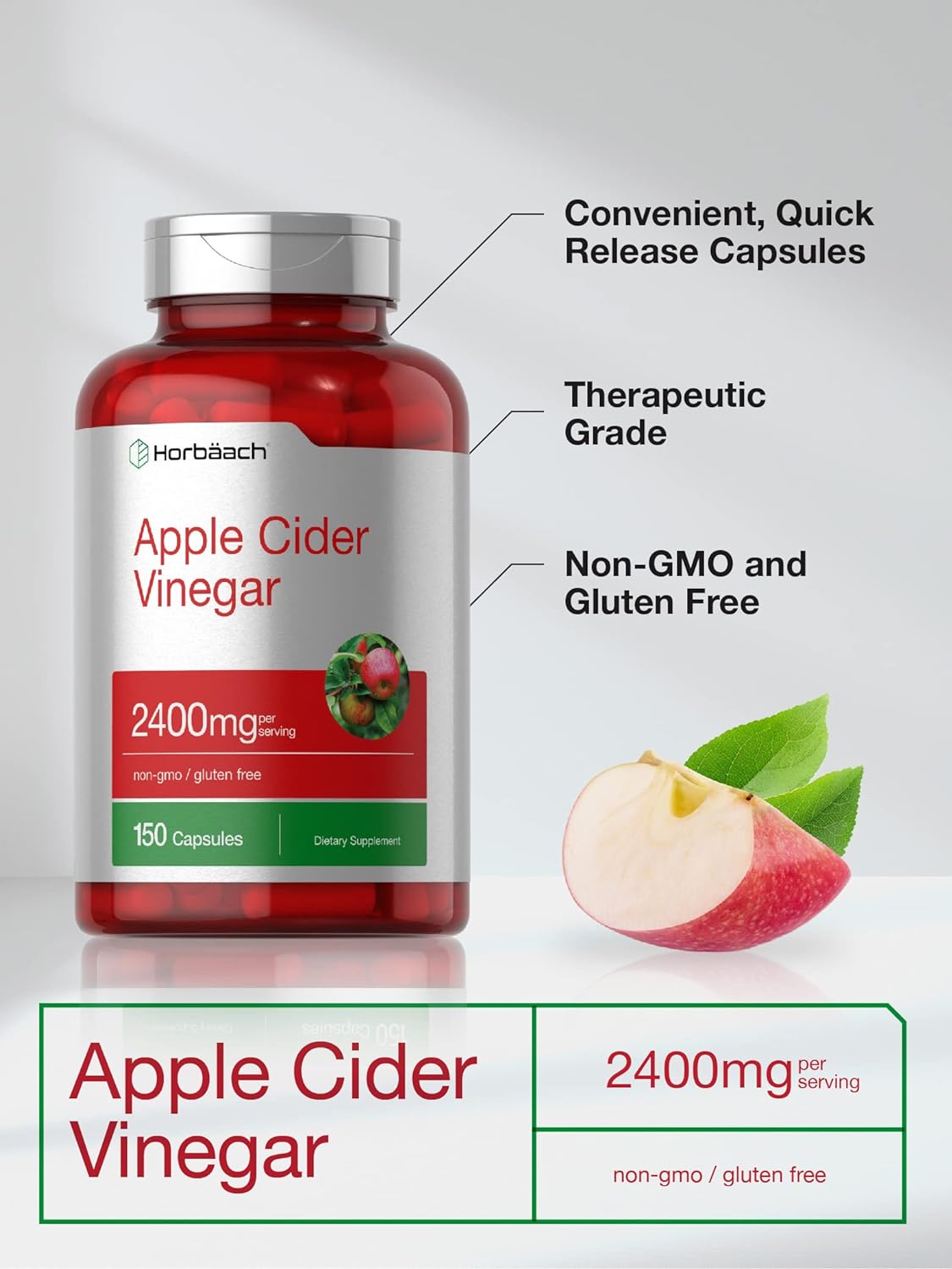 Horbäach Apple Cider Vinegar Capsules – 2,400 mg, 150 Count