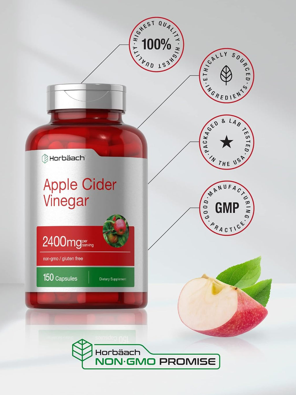Horbäach Apple Cider Vinegar Capsules – 2,400 mg, 150 Count