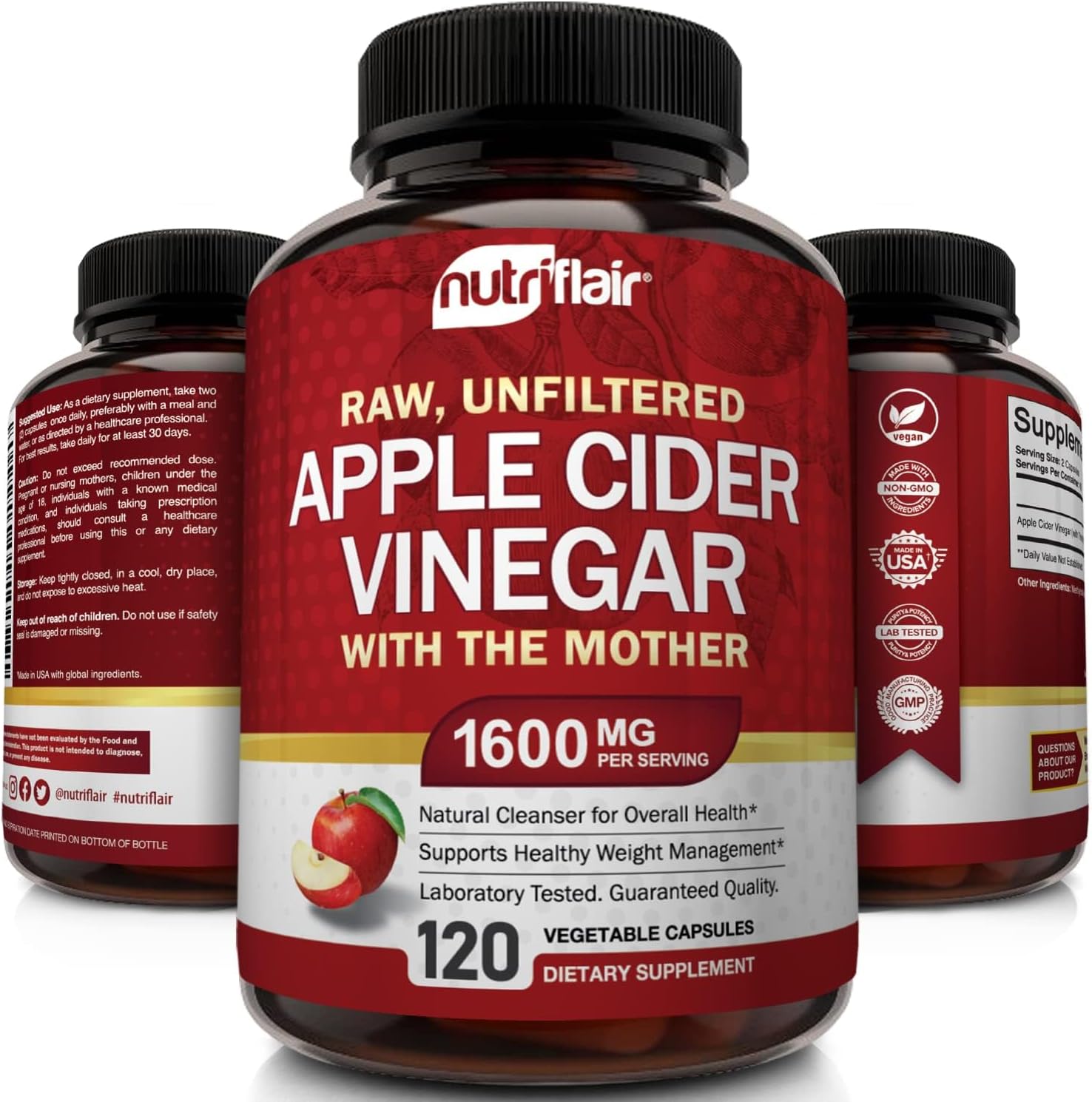 NutriFlair Apple Cider Vinegar Capsules with the Mother – 1,600 mg, 120 Vegan Capsules