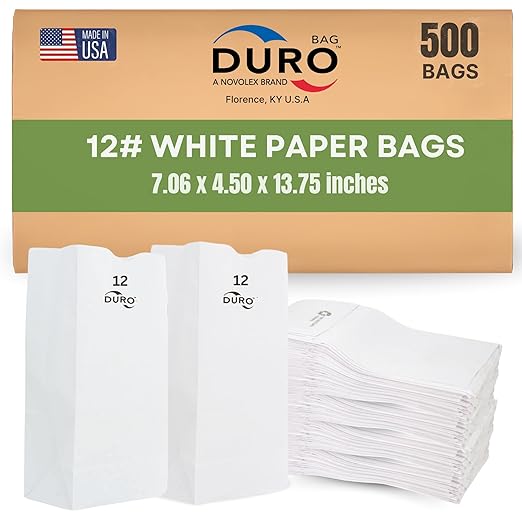Duro 12 lb Tall White Paper Grocery Bag, 7 1/16 x 4 1/2 x 11 1/2 in (QTY 500), SKU 51032
