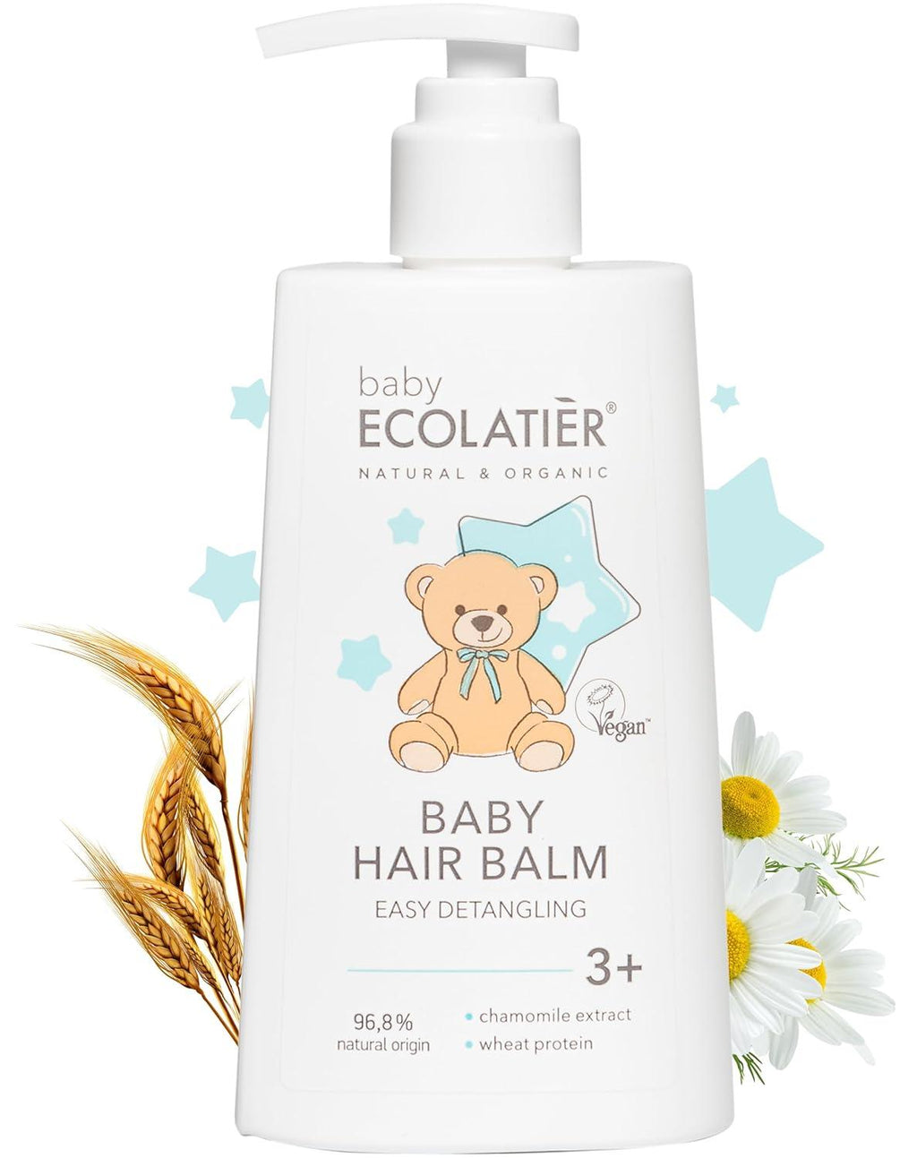 Ecolatier Baby Hair Balm Easy Detangling 3+ 250 ml natural and organic vegan kids hair care with chamomile extract and wheat protein, gentle detangling balm for children, 96.8% natural origin formula in pump bottle