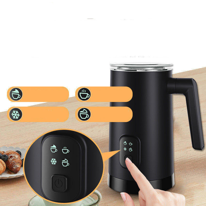 Black automatic hot and cold electric milk frother machine with four frothing modes, digital control panel, ergonomic handle and clear lid for lattes, cappuccinos, hot milk and cold foam.