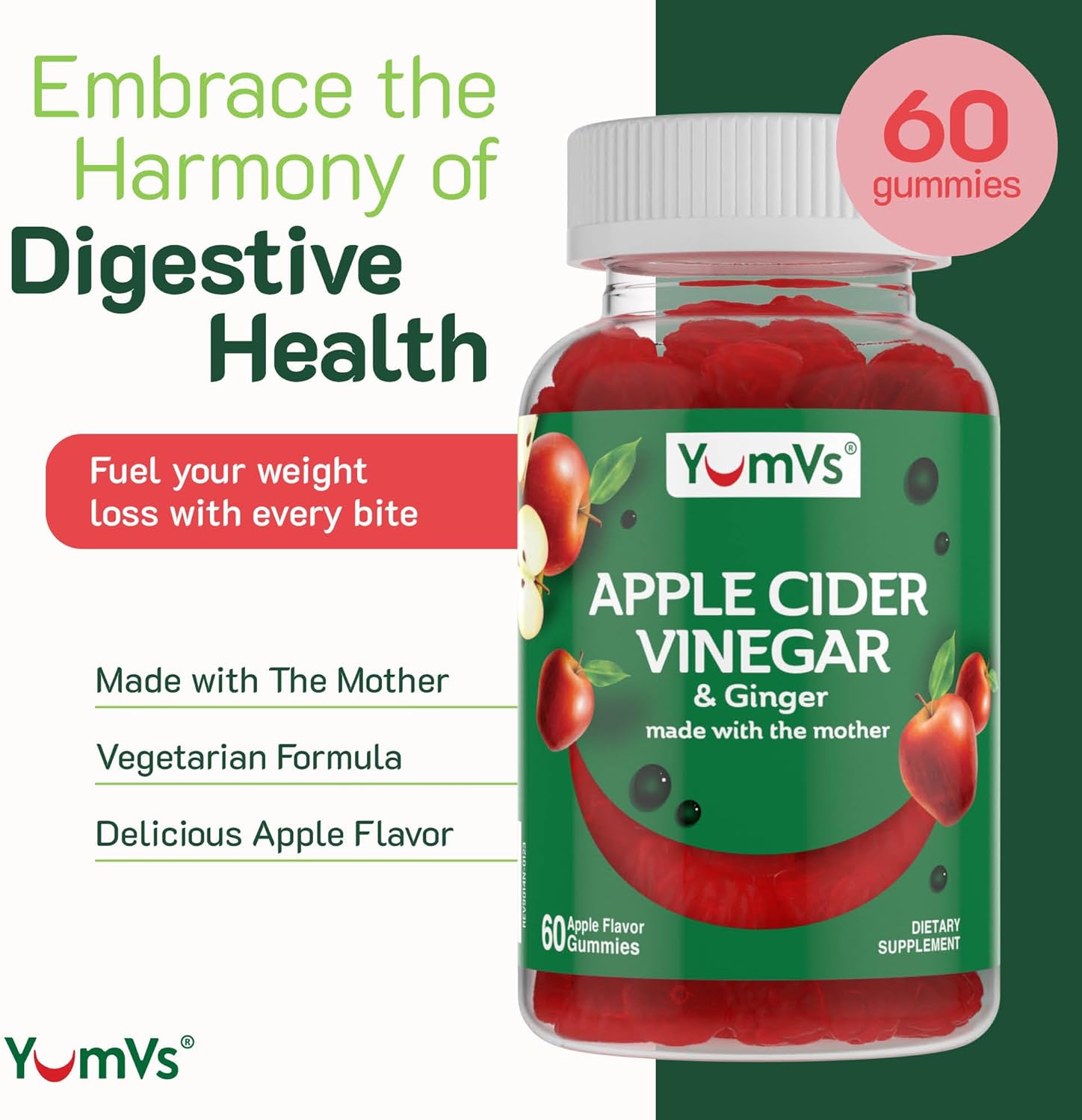 Yum-V’s Apple Cider Vinegar Gummies with Ginger & the Mother – 60 Count